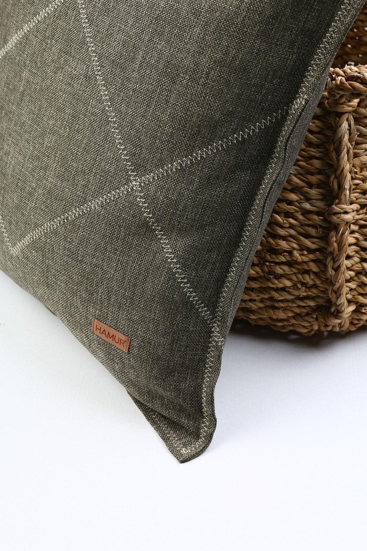 Etnik Vintage Işlemeli Dokuma Kırlent Kılıfı Boho Zigzag Haki 44x44 cm