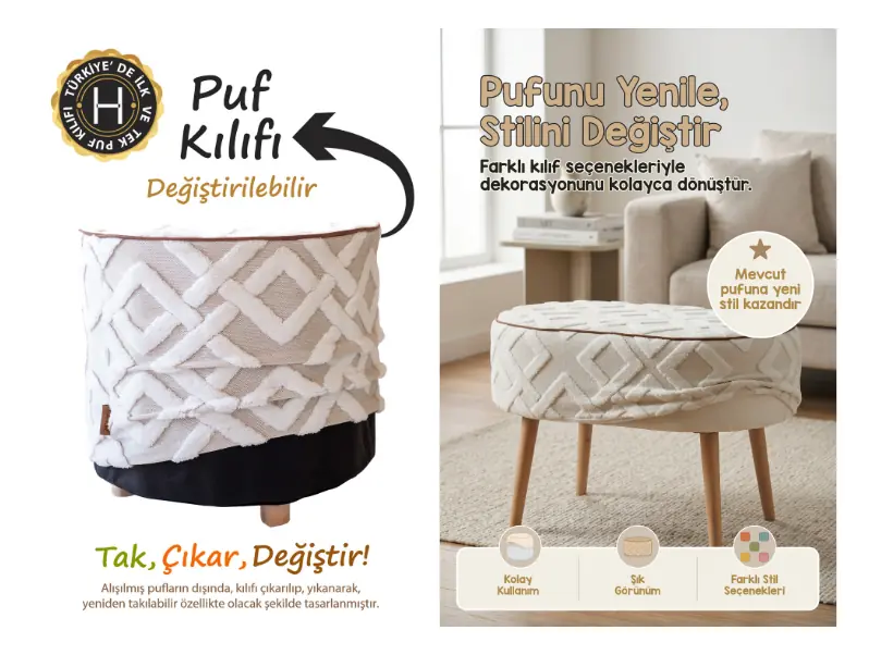 Mevcut pufa takılıp çıkarılabilen HAMUR yıkanabilir dekoratif puf kılıfı&nbsp;
