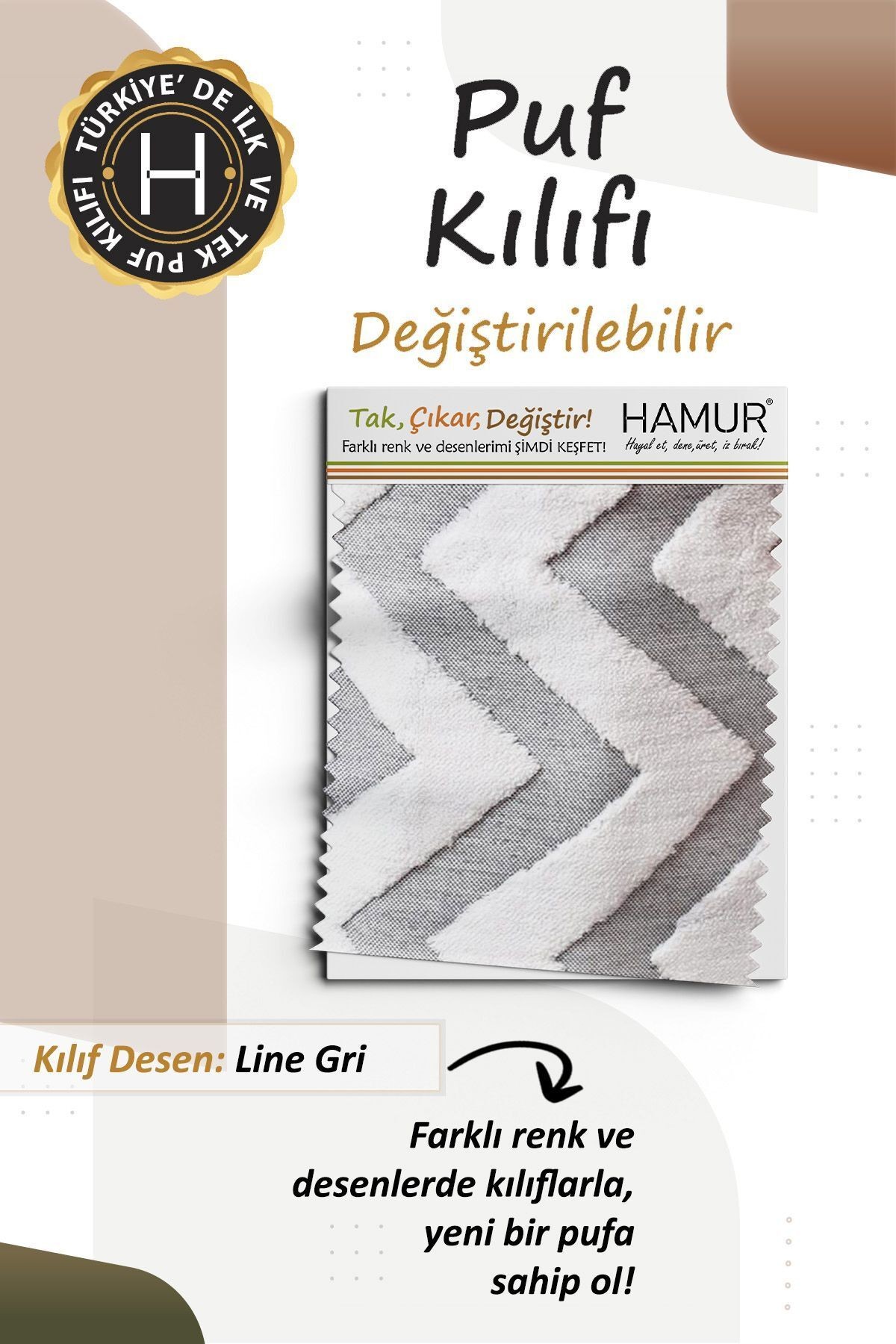 Yıkanabilir Puf Tabure Kılıfı Tak-Çıkar-Değiştir-Yenile Orta Sehpa Kılıfı By Line Gri