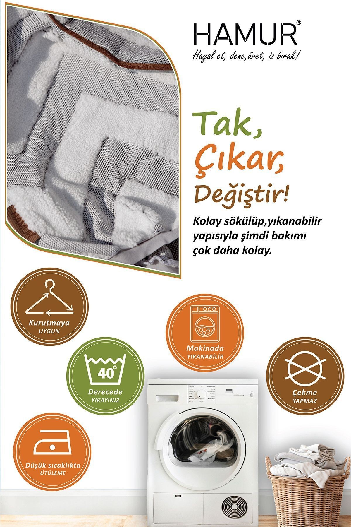 Yıkanabilir Puf Tabure Kılıfı Tak-Çıkar-Değiştir-Yenile Orta Sehpa Kılıfı By Line Gri