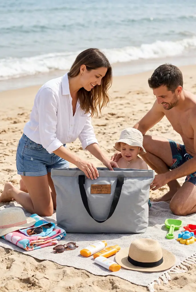 Yaz tatilinde bebekle plajda vakit geçiren aile ve tatil hazırlıkları