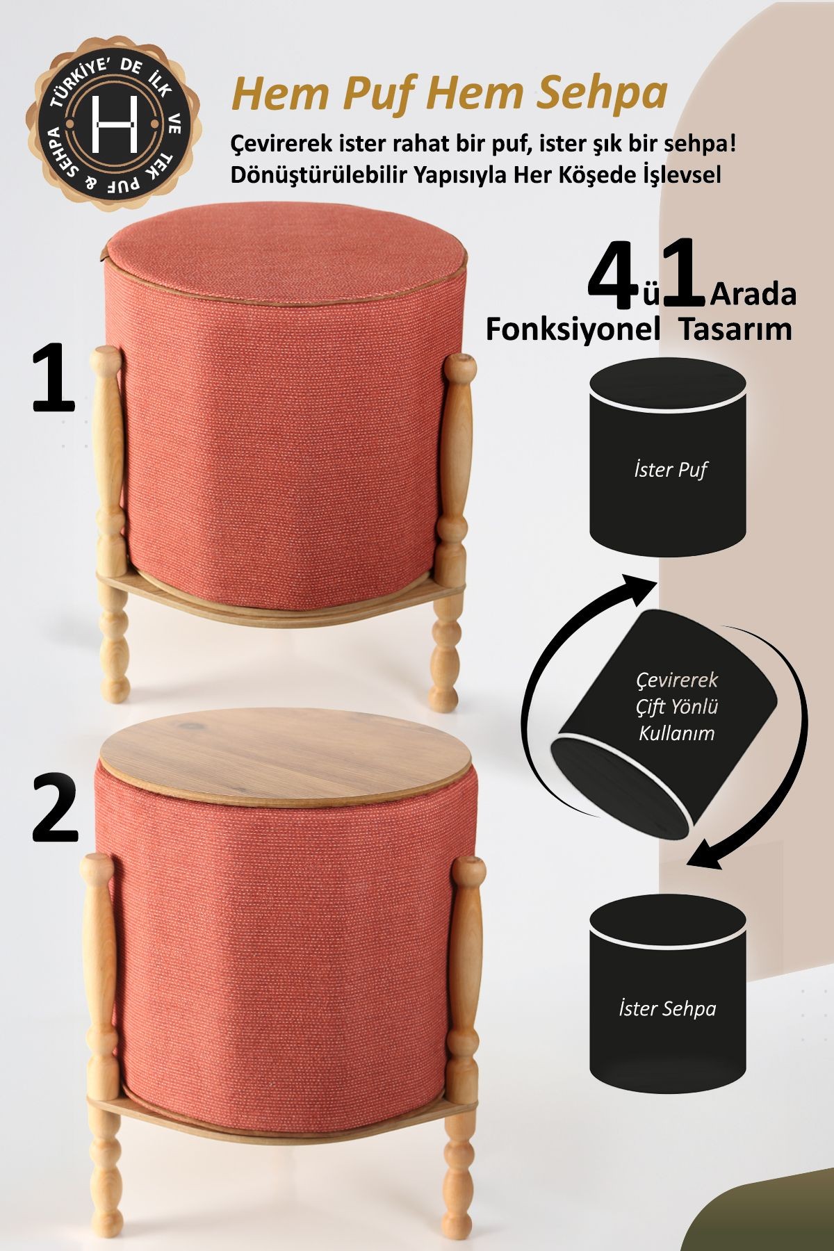 Ahşaplı Sehpa/Puf Çift Taraflı Linen WellKahve