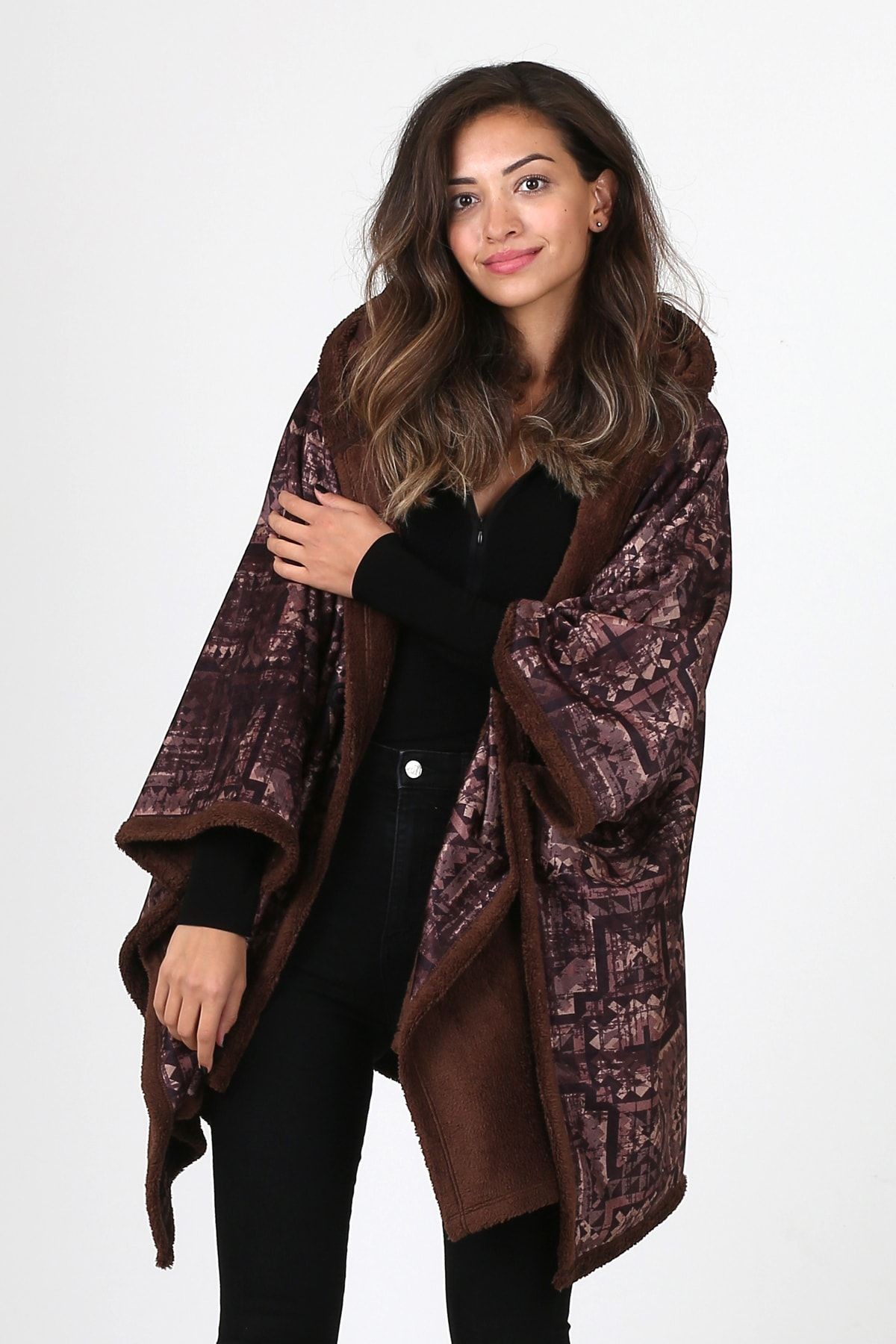 Kapşonlu Oversize Düğmeli Içi Kahverengi Peluş Kadife Mont Wein Kk-801