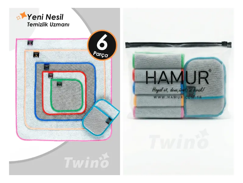Farklı mutfak ve yüzey temizliği ihtiyaçları için HAMUR Twino 6 parça temizlik seti