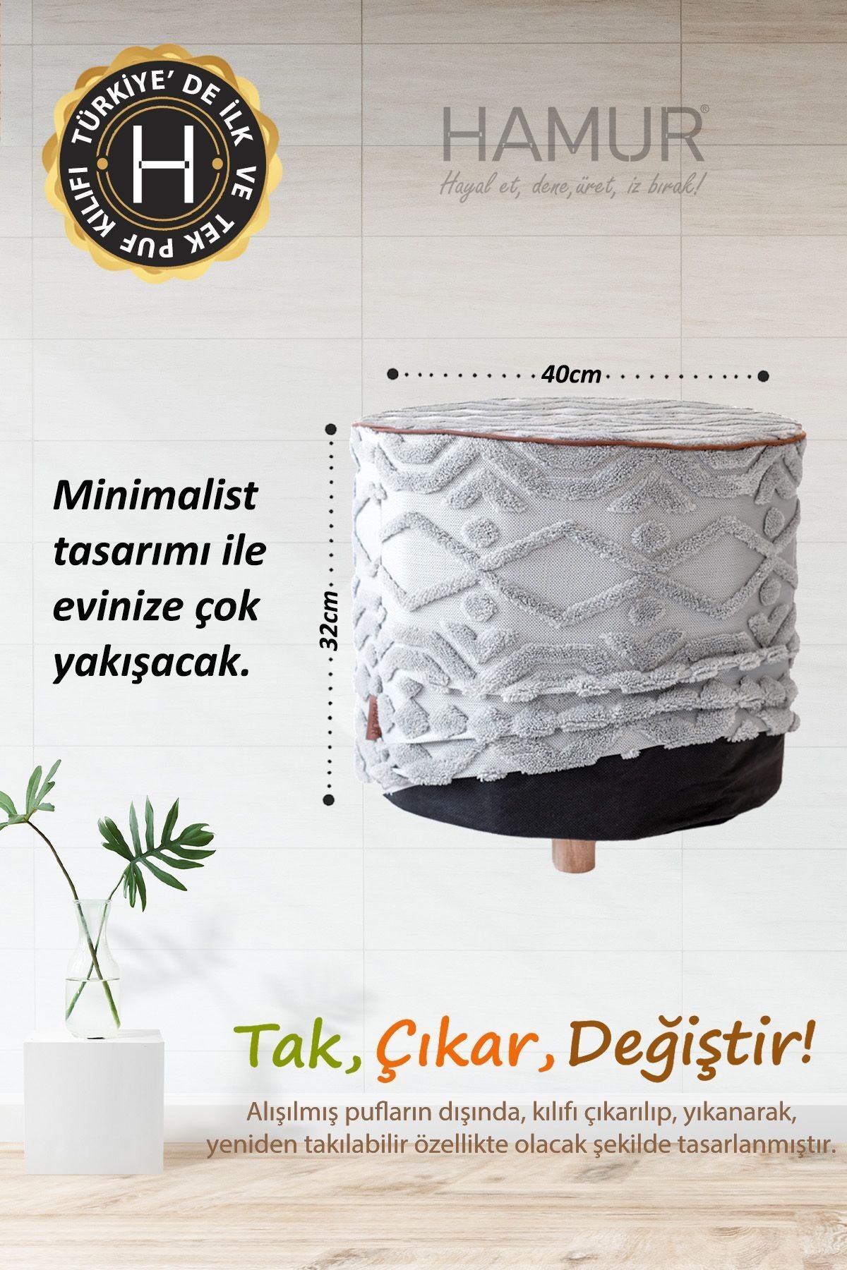 Yıkanabilir Puf Tabure Kılıfı Tak-Çıkar-Değiştir-Yenile Orta Sehpa Kılıfı By Letta Gri