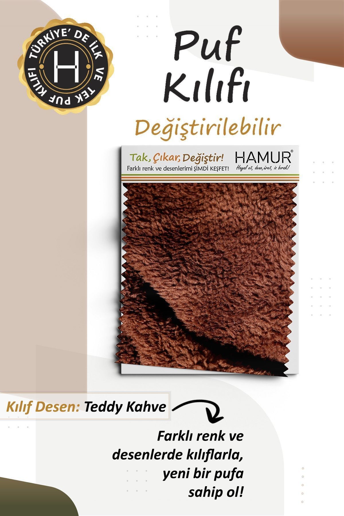 Yıkanabilir Puf Tabure Kılıfı Tak-Çıkar-Değiştir-Yenile Orta Sehpa Kılıfı Bb Teddy Kahve