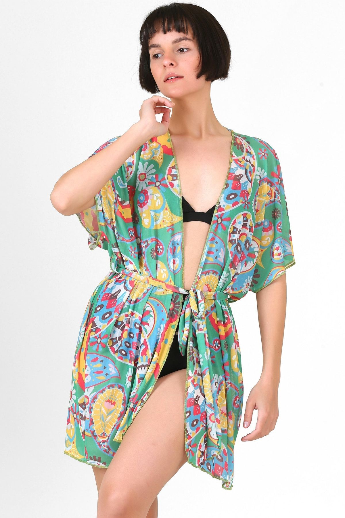 Pareo Plaj Elbisesi Kimono Std Şal Desen Yesil