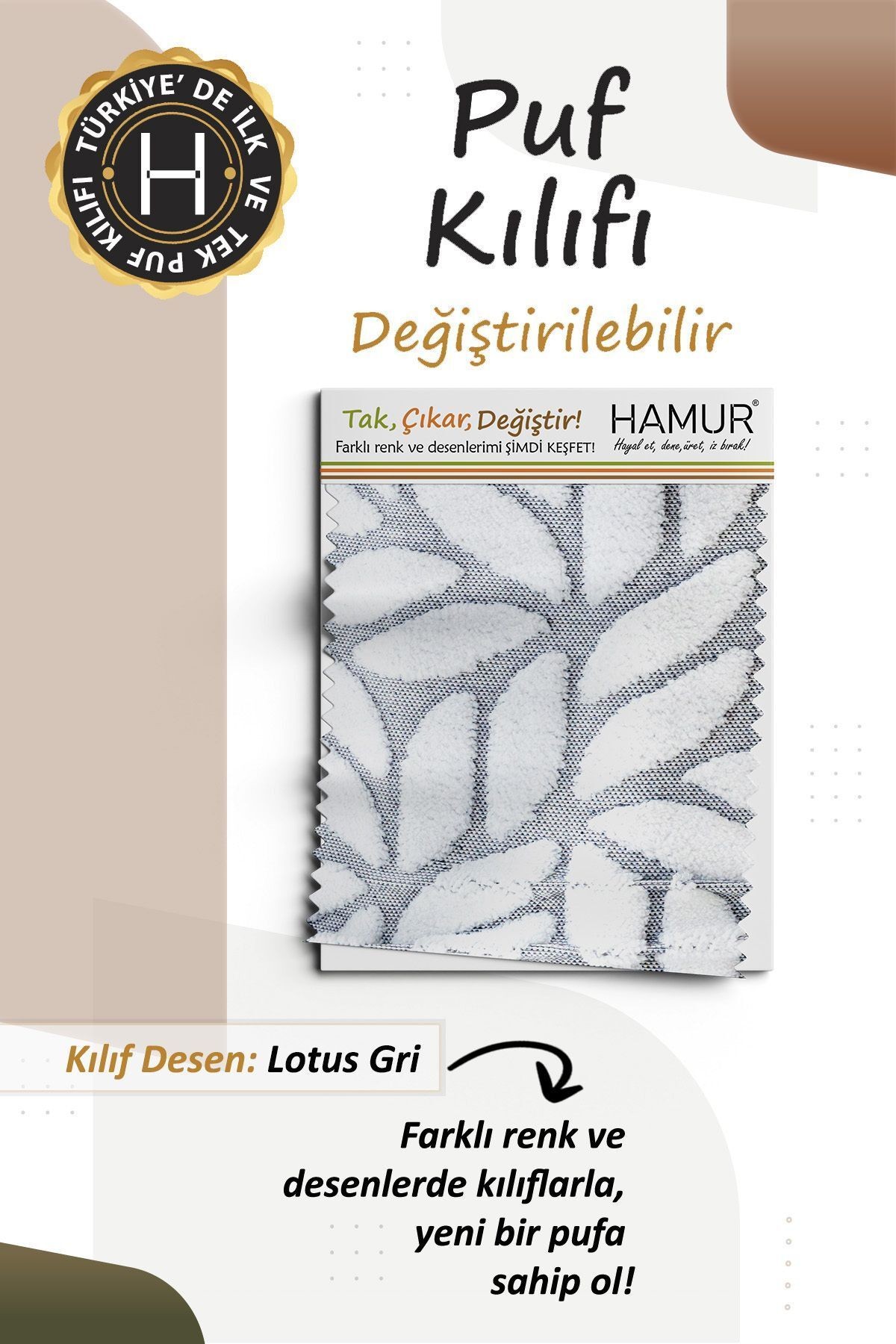 Yıkanabilir Puf Tabure Kılıfı Tak-Çıkar-Değiştir-Yenile Orta Sehpa Kılıfı By Lotus Gri
