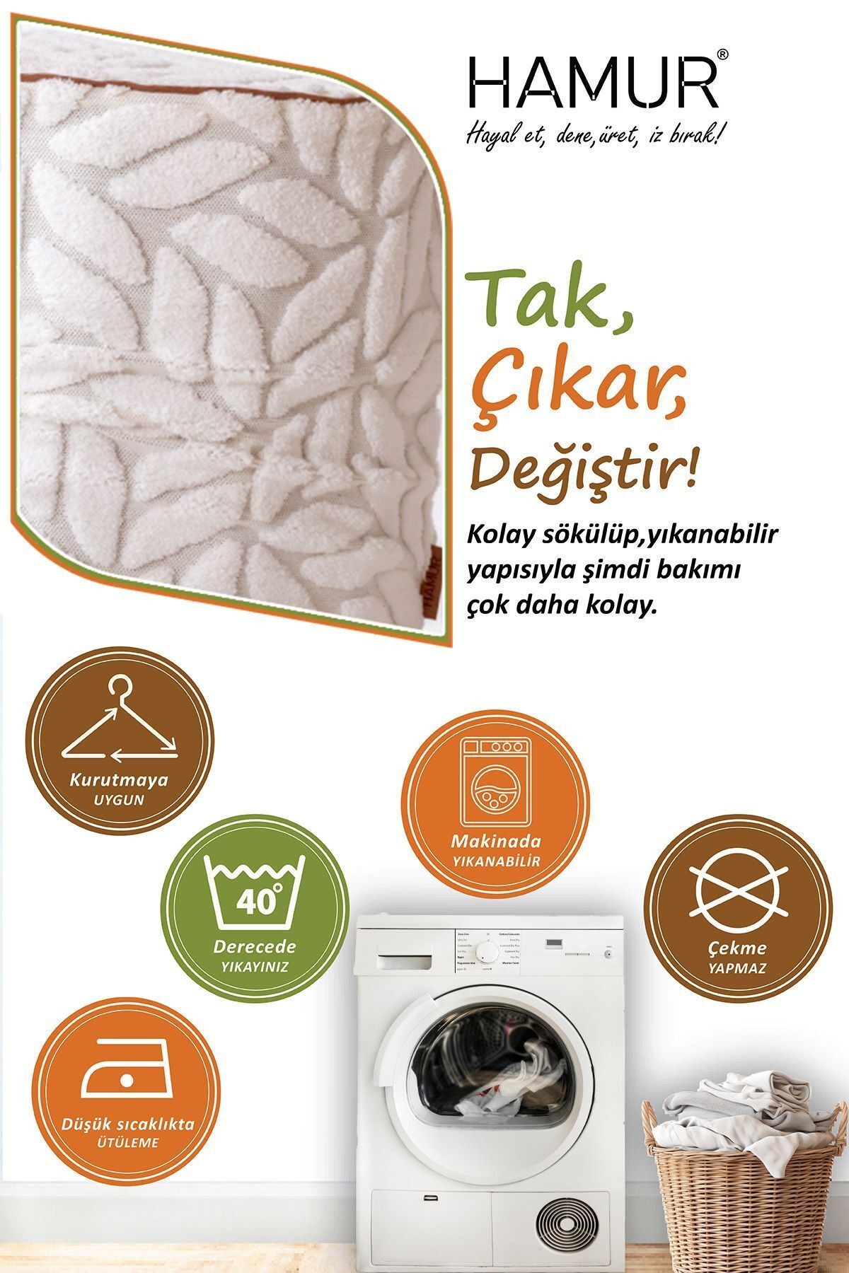 Yıkanabilir Puf Tabure Kılıfı Tak-Çıkar-Değiştir-Yenile Orta Sehpa Kılıfı By Lotus Ekru