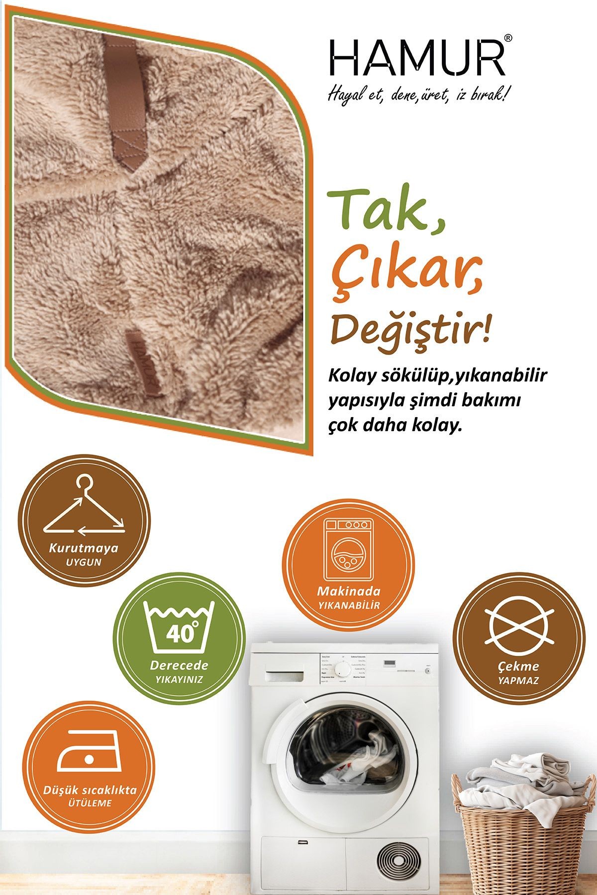 Yıkanabilir Puf Tabure Kılıfı Tak-Çıkar-Değiştir-Yenile Orta Sehpa Kılıfı Kc Teddy Bej