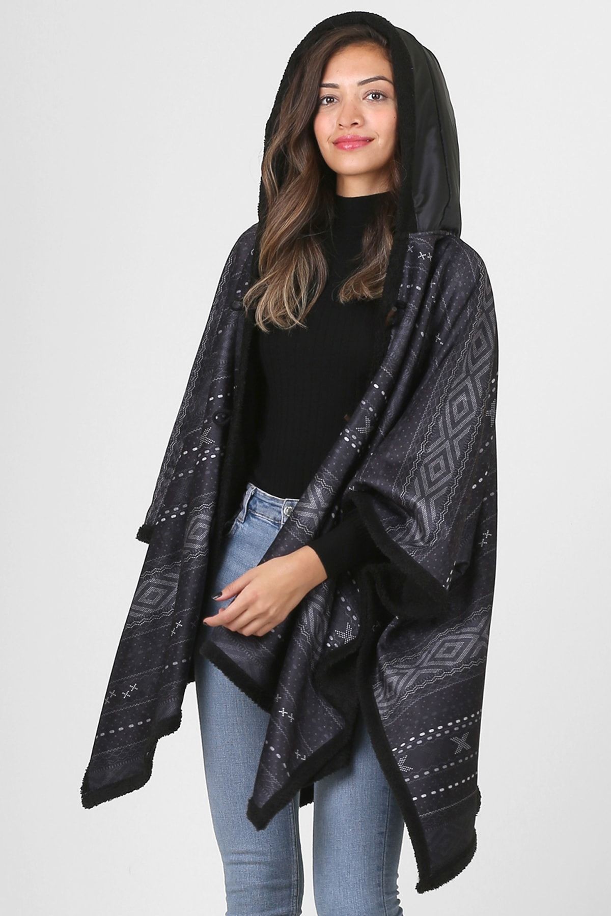 Kapşonlu Oversize Düğmeli Içi Siyah Peluş Kadife Mont Dote Kk-804