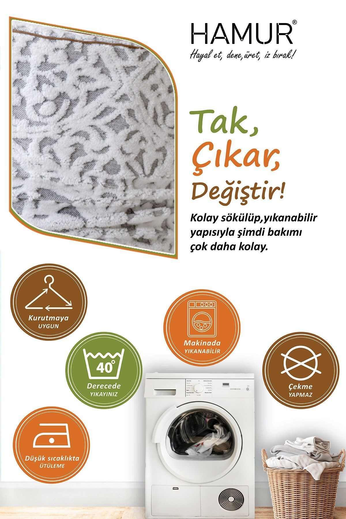 Yıkanabilir Puf Tabure Kılıfı Tak-Çıkar-Değiştir-Yenile Orta Sehpa Kılıfı By Motif Gri