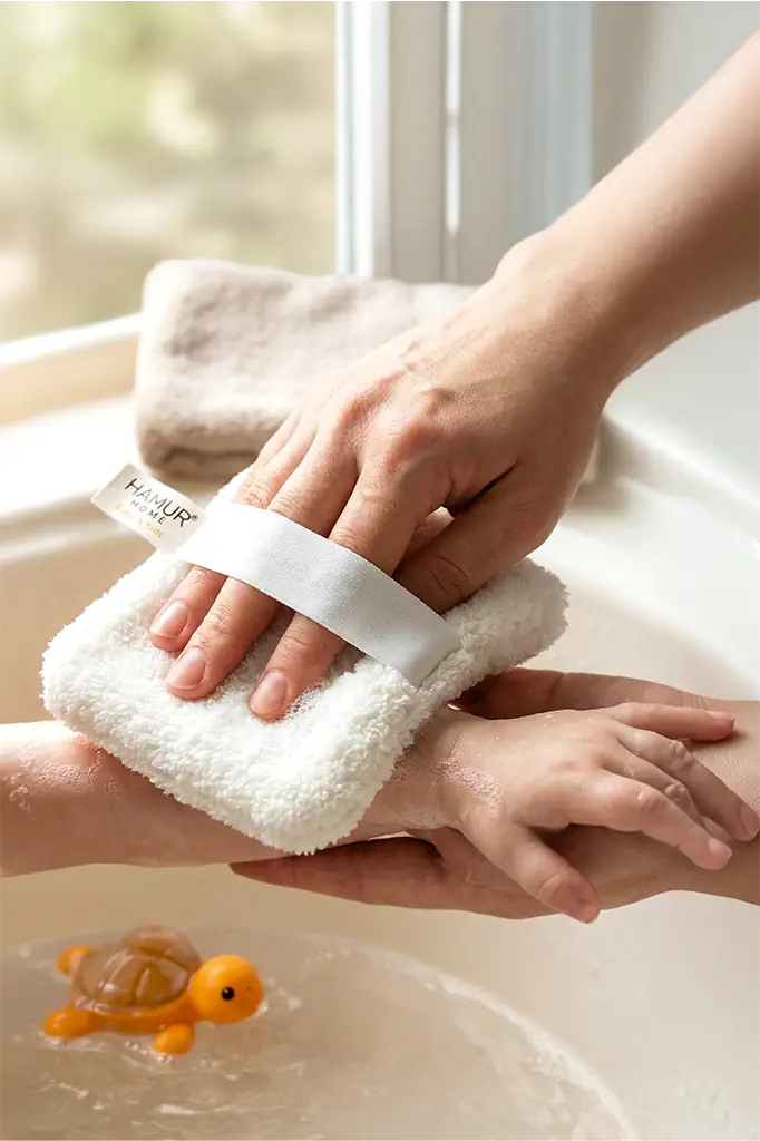 Hamur ultra yumuşak bebek banyo lifi ile bebeğin hassas cildinin nazik şekilde temizlenmesi