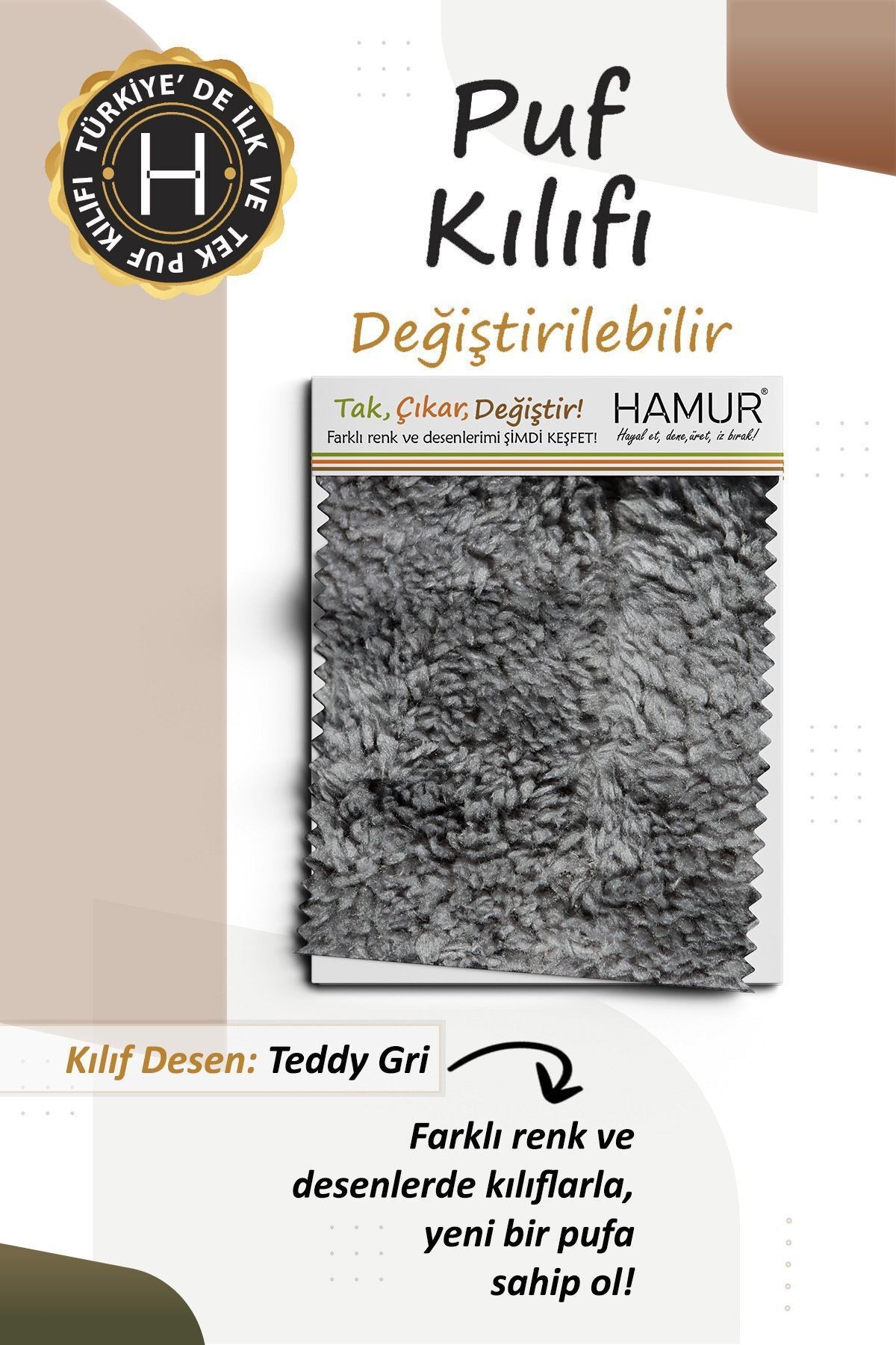 Yıkanabilir Puf Tabure Kılıfı Tak-Çıkar-Değiştir-Yenile Orta Sehpa Kılıfı Bb Teddy Gri