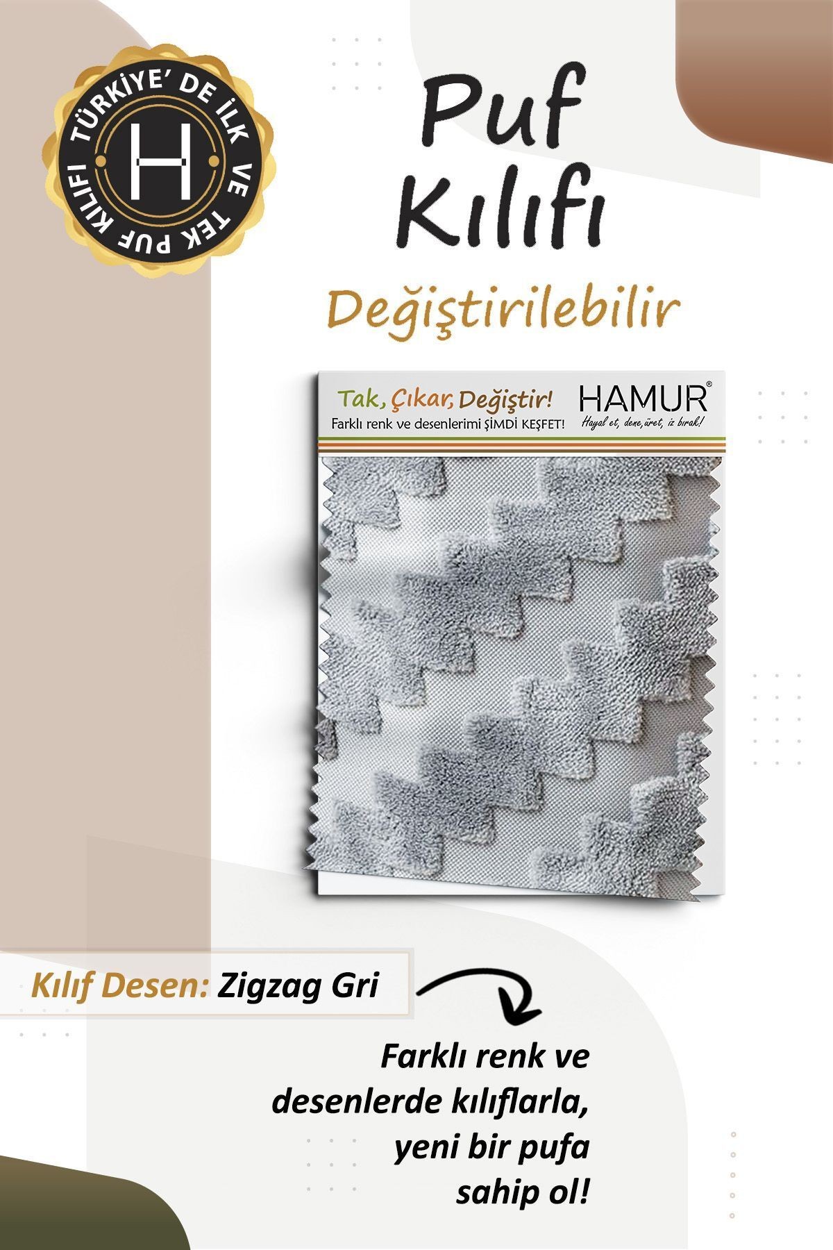 Yıkanabilir Puf Tabure Kılıfı Tak-Çıkar-Değiştir-Yenile Orta Sehpa Kılıfı By Zigzag Gri