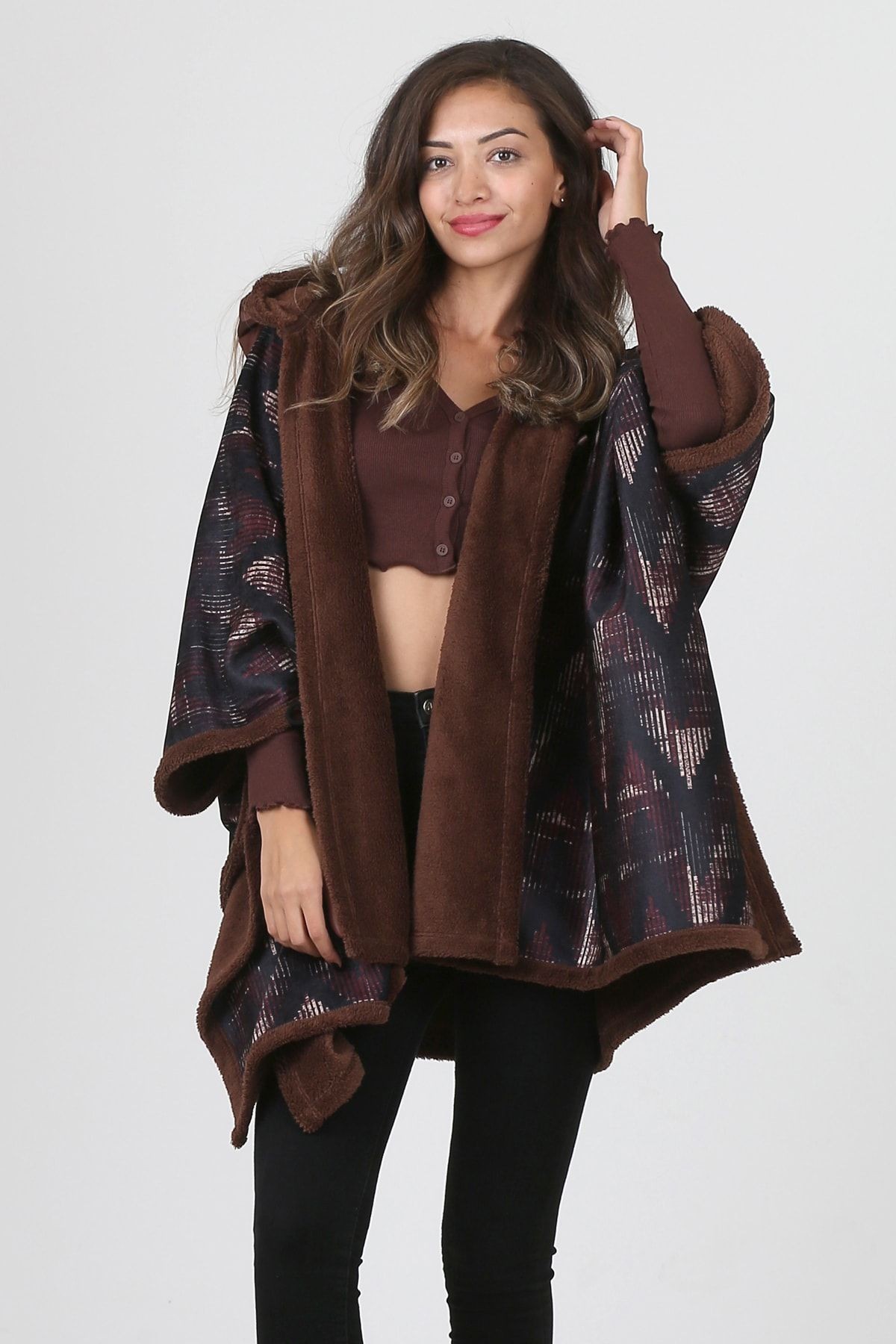 Kapşonlu Oversize Düğmeli Içi Kahverengi Peluş Kadife Mont Zigzag Kk-802