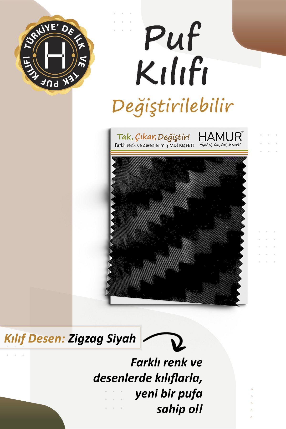 Yıkanabilir Puf Tabure Kılıfı Tak-Çıkar-Değiştir-Yenile Orta Sehpa Kılıfı By Zigzag Siyah
