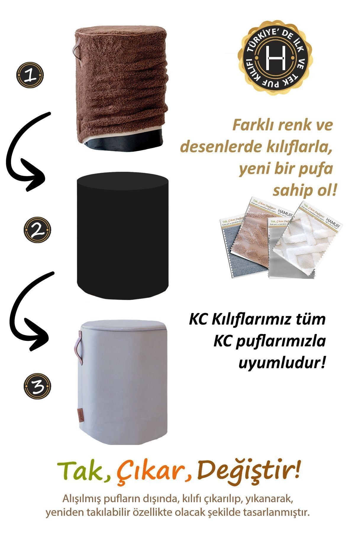 Yıkanabilir Puf Tabure Kılıfı Tak-Çıkar-Değiştir-Yenile Orta Sehpa Kılıfı Kc Teddy Bej