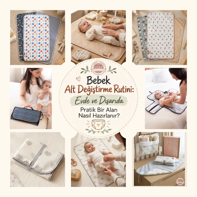 Bebek alt değiştirme rutini için minder, alt açma örtüsü ve bakım çantası görselleri