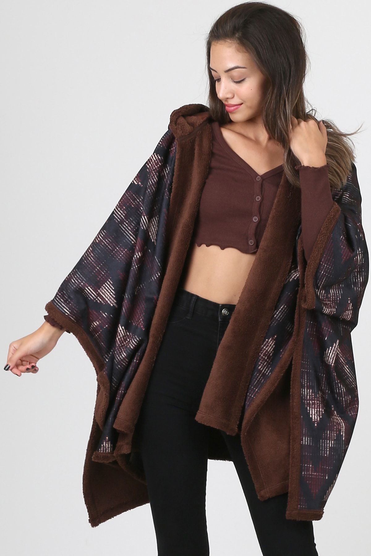 Kapşonlu Oversize Düğmeli Içi Kahverengi Peluş Kadife Mont Zigzag Kk-802