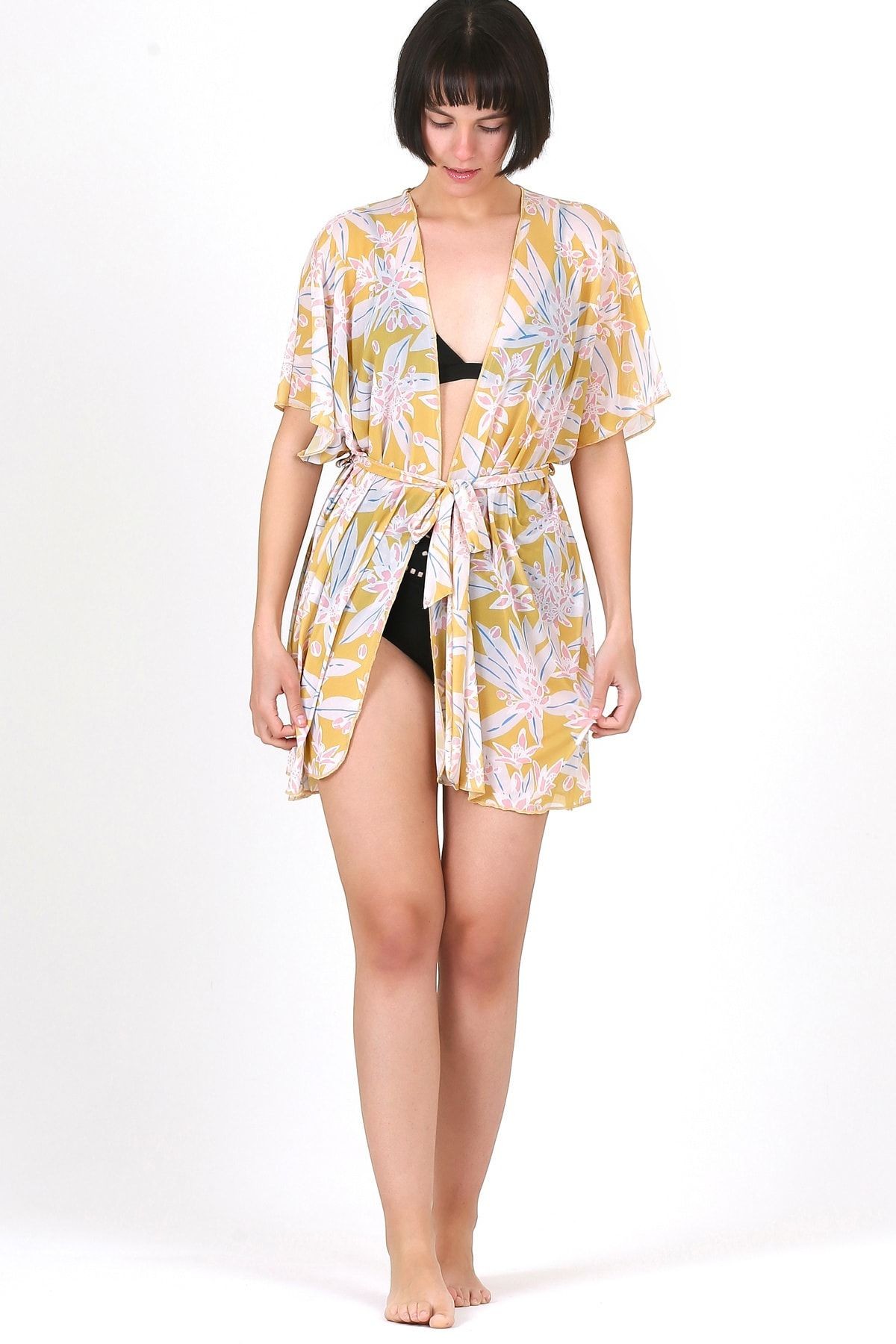 Pareo Plaj Elbisesi Kimono Std Çiçekler Sarı