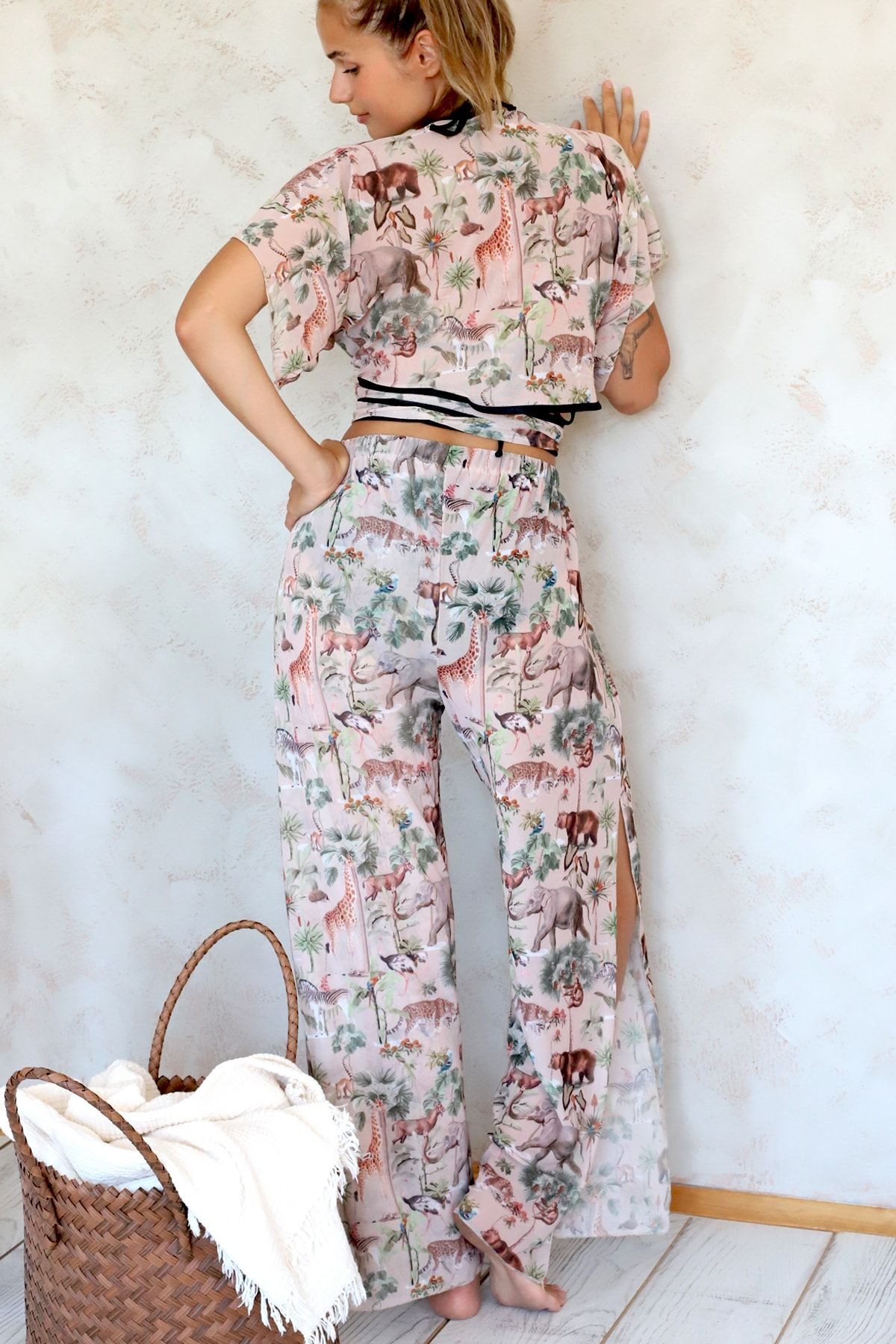 Plaj Pantalon Pareo Yazlık Kapalı Yırtmaçlı Lastikli Şifon Tül Kumaş Yüksek Bel Woods Bej
