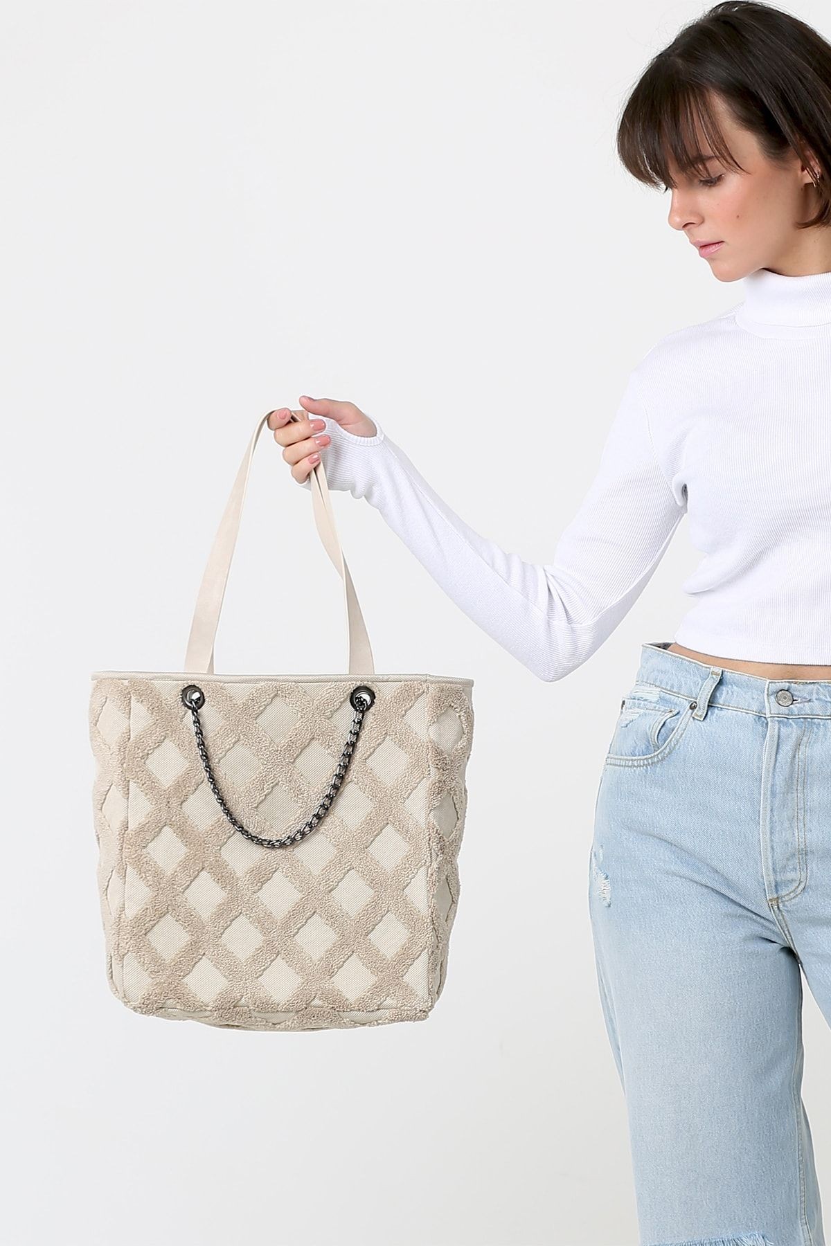Kadın Kumaş El Ve Omuz Çantası Tweed Natural Kürklü Peluş Örme Kol Çantası