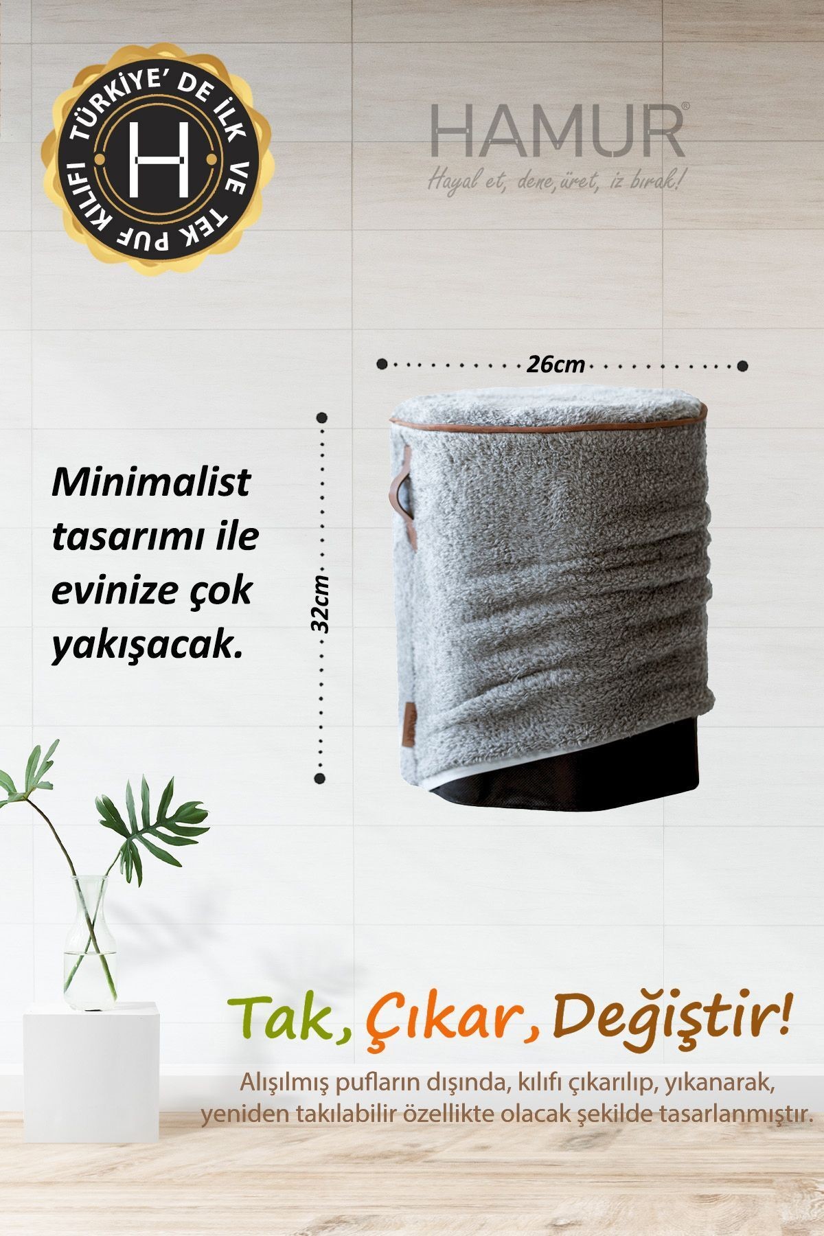 Yıkanabilir Puf Tabure Kılıfı Tak-Çıkar-Değiştir-Yenile Orta Sehpa Kılıfı Kc Teddy Gri
