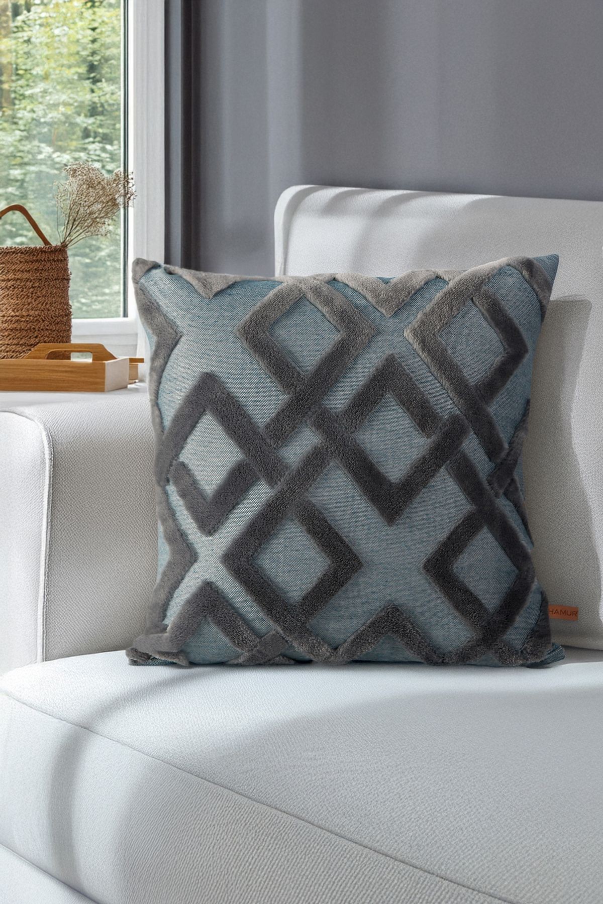 Jakarlı Kırlent 43x43 cm Mila Gri Mavisi