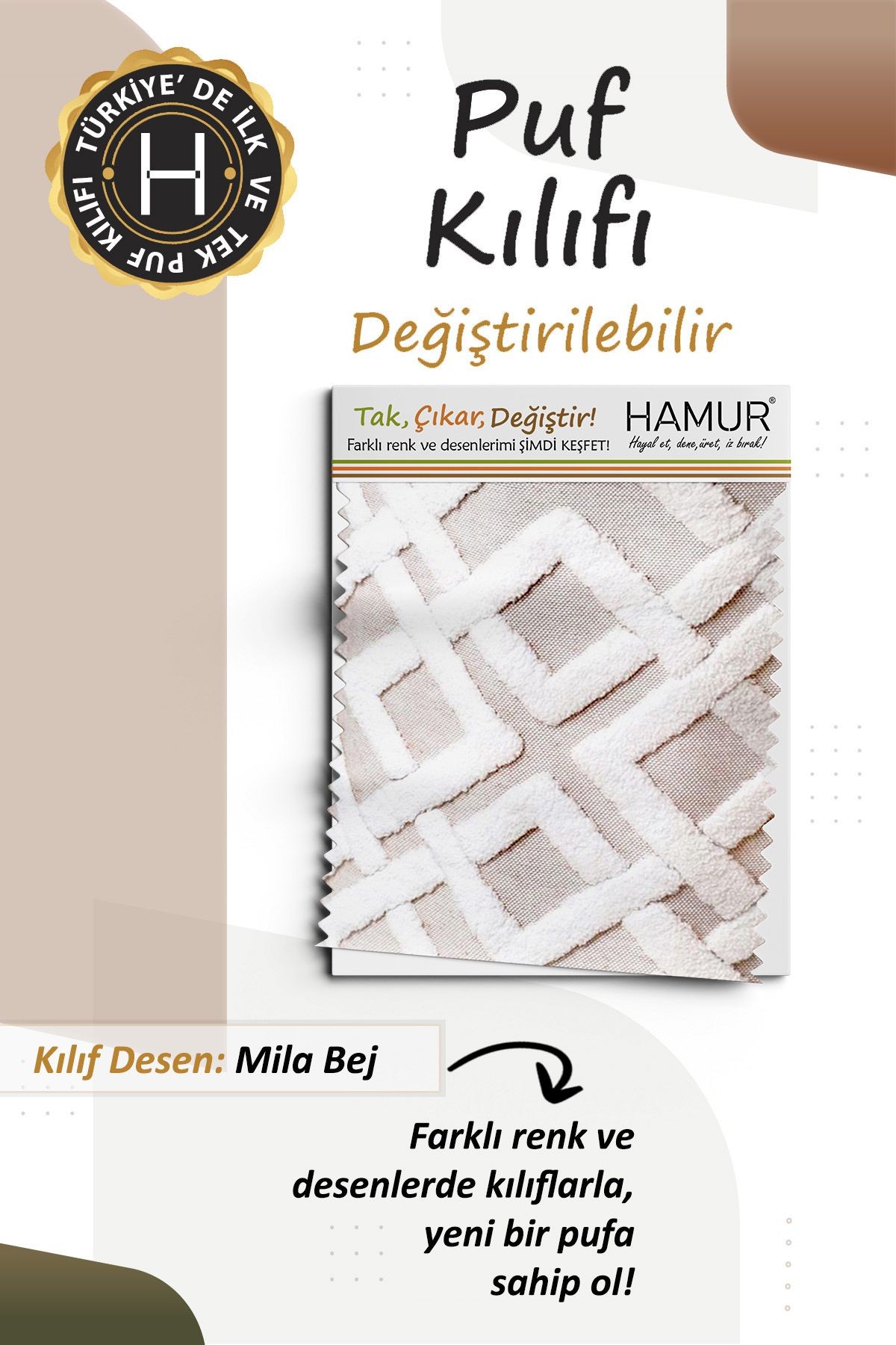 Yıkanabilir Puf Tabure Kılıfı Tak-Çıkar-Değiştir-Yenile Orta Sehpa Kılıfı By Mila Bej