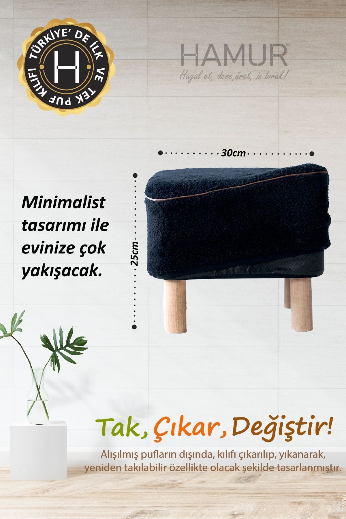 Yıkanabilir Puf Tabure Kılıfı Tak-Çıkar-Değiştir-Yenile Orta Sehpa Kılıfı Bb Teddy Siyah