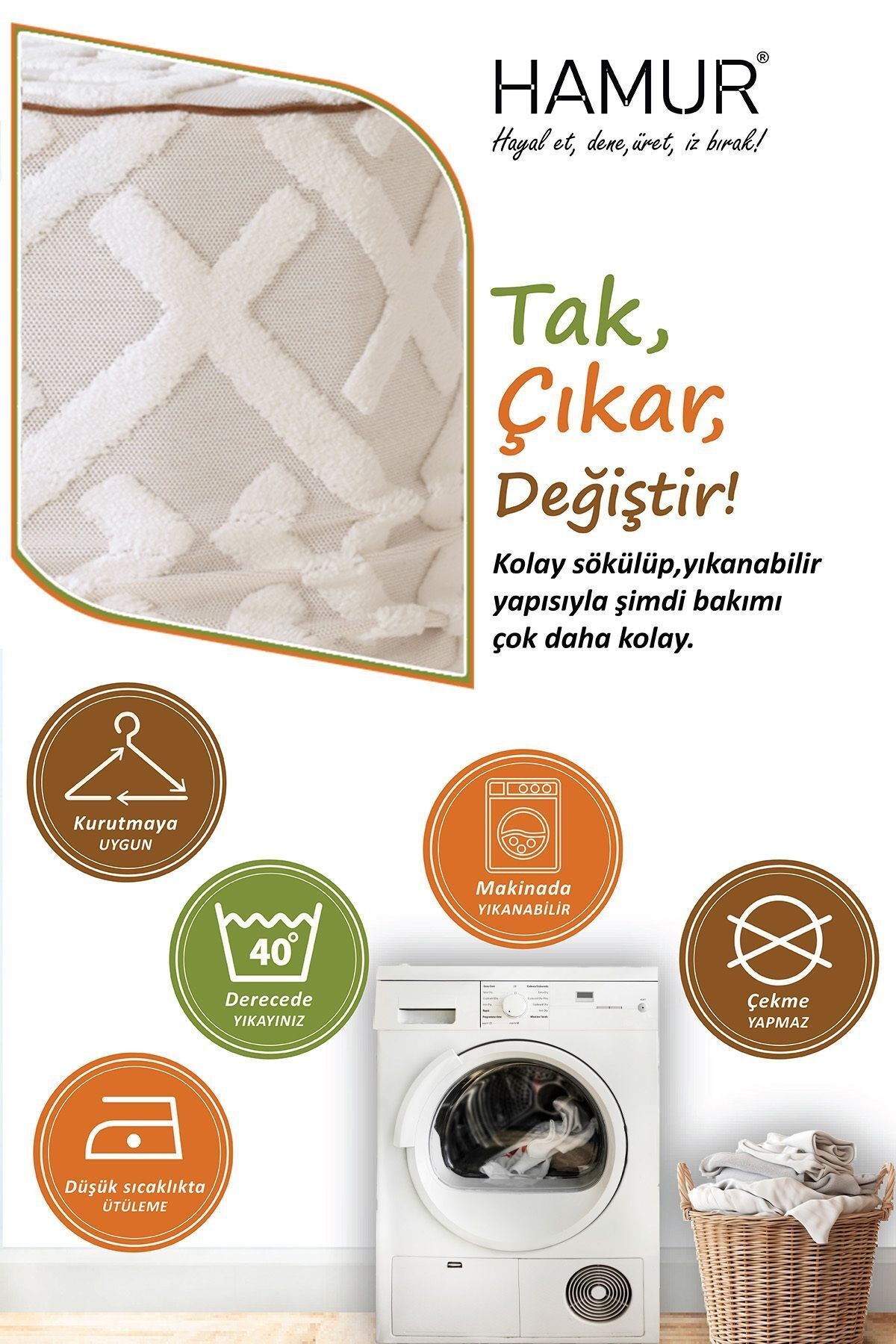 Yıkanabilir Puf Tabure Kılıfı Tak-Çıkar-Değiştir-Yenile Orta Sehpa Kılıfı By Elda Ekru