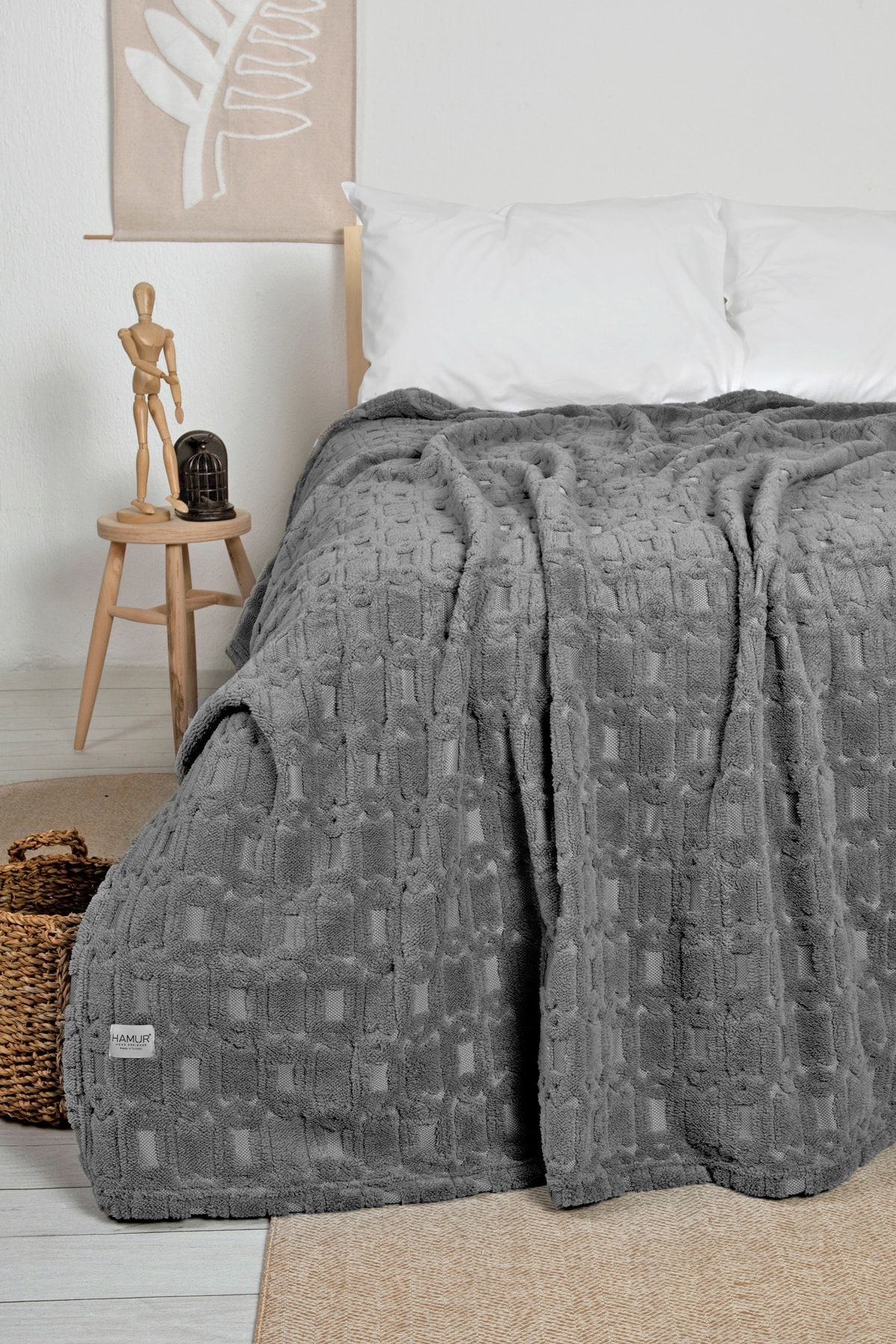 Softy Tek Kişilik Jakarlı Örme Battaniye Koyu Gri