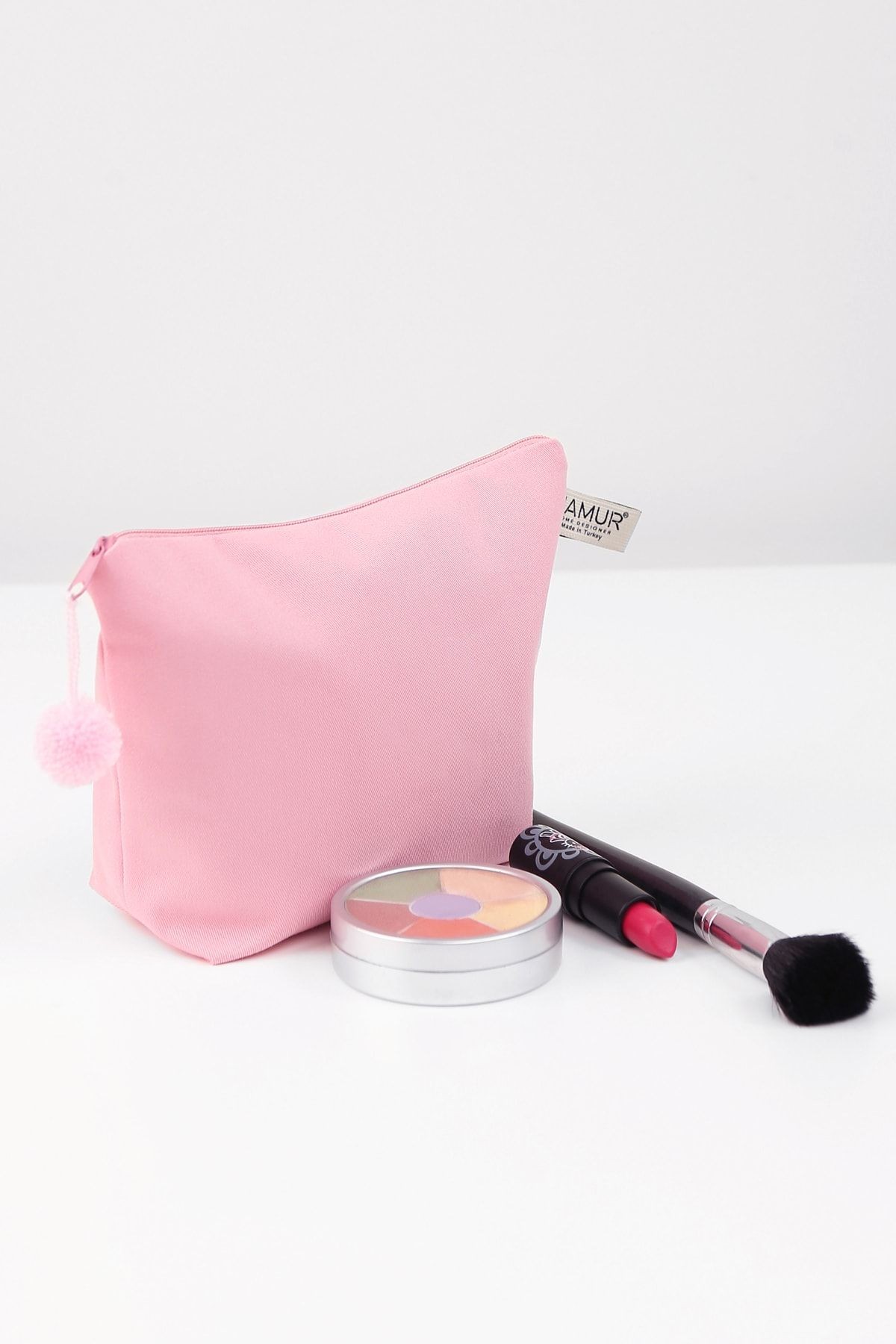 Makyaj Çantası Ponponlu Pembe Çok Amaçlı Clutch Çanta