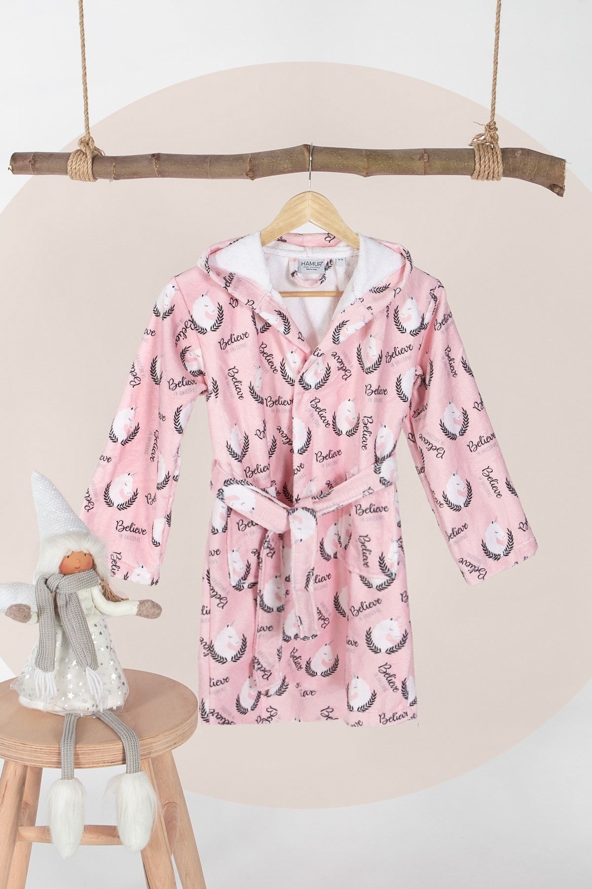 Unicorn Pembe Kapşonlu Bebek Çocuk Bornozu