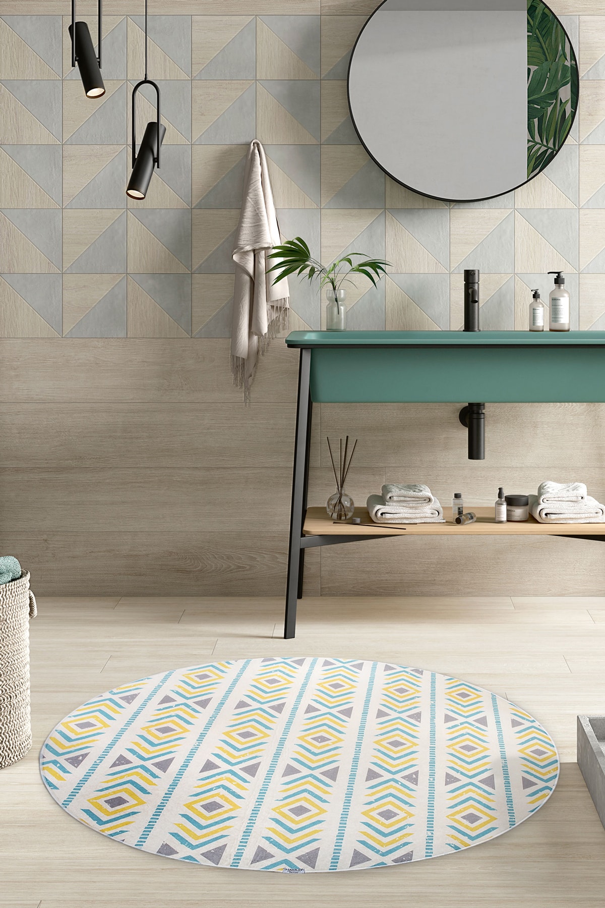 Ethnic Yuvarlak Halı Dekoratif Banyo Paspası 125x125 cm.
