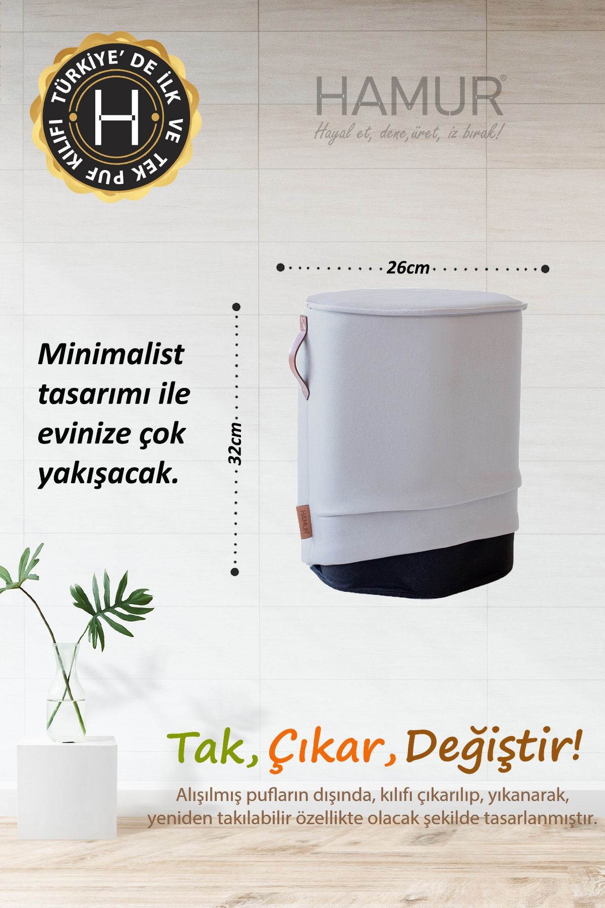 Yıkanabilir Puf Tabure Kılıfı Tak-Çıkar-Değiştir-Yenile Orta Sehpa Kılıfı Kc Meek Gri