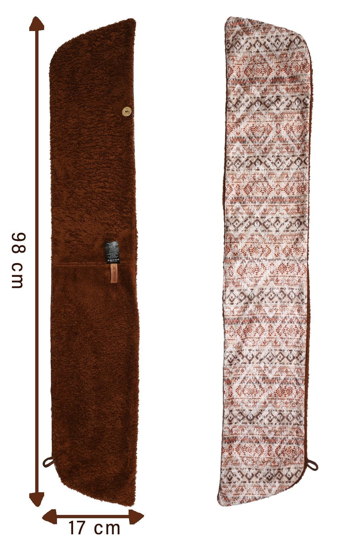 Kadın Atkı Boyunluk Düğmeli Peluş Kadife Ikat Kahve