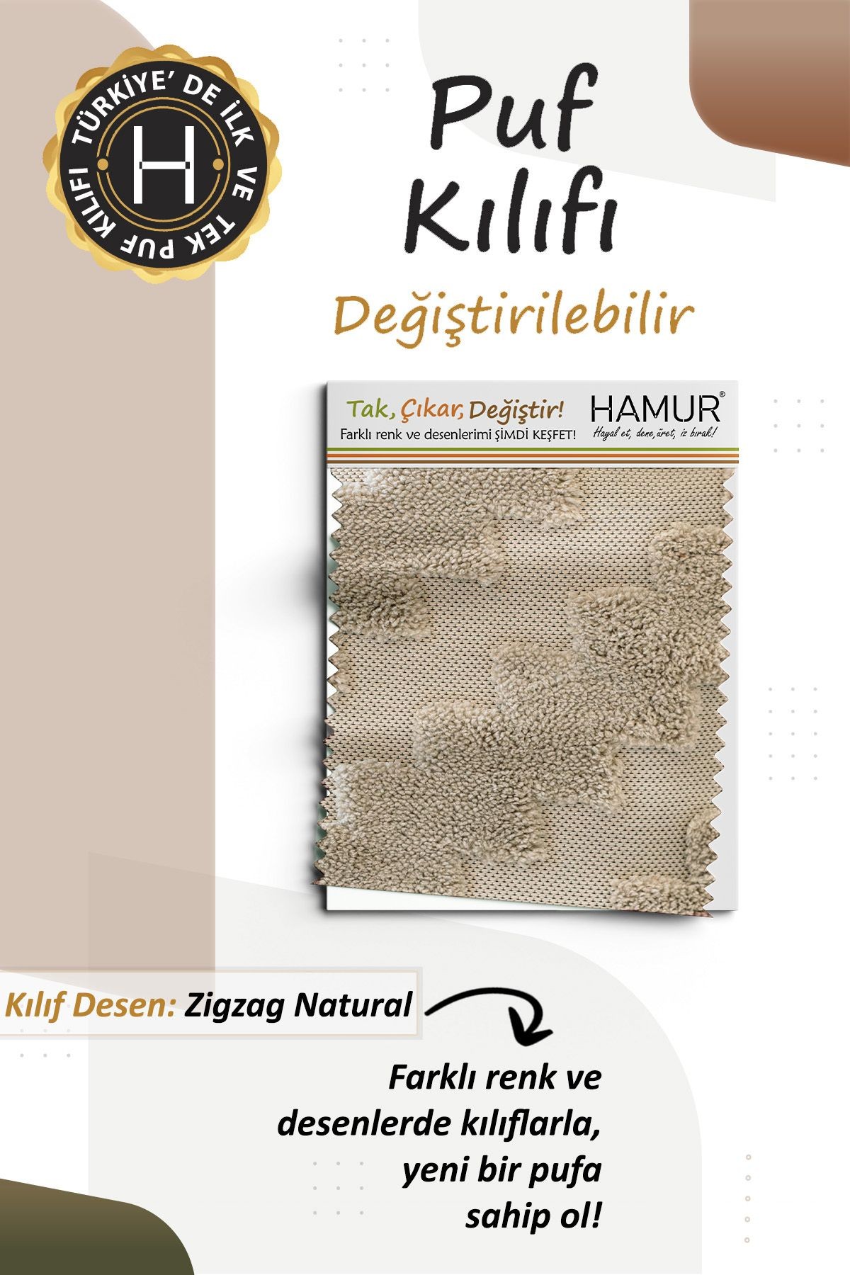 Yıkanabilir Puf Tabure Kılıfı Tak-Çıkar-Değiştir-Yenile Orta Sehpa Kılıfı By Zigzag Natural