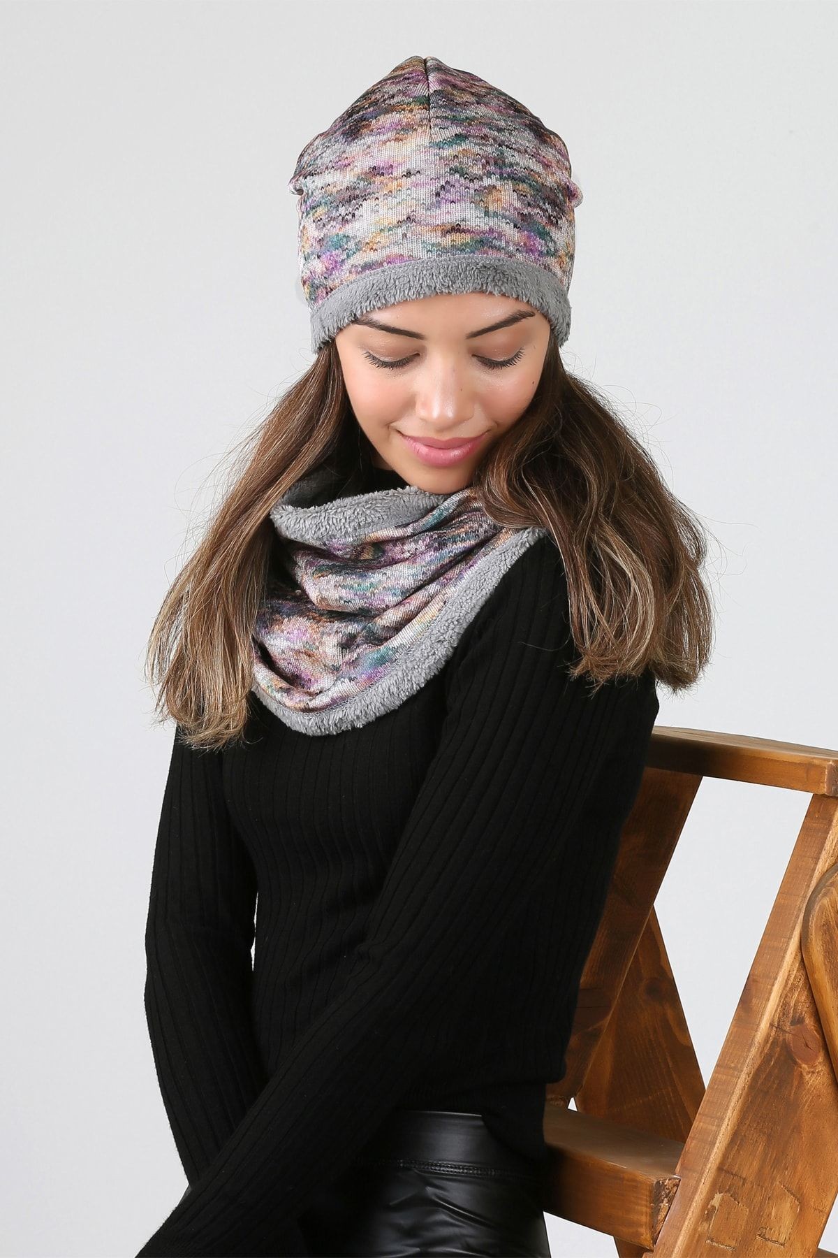 Gri Kadın Bere Ve Boyunluk 2li Set Takım Tricot Bb-093