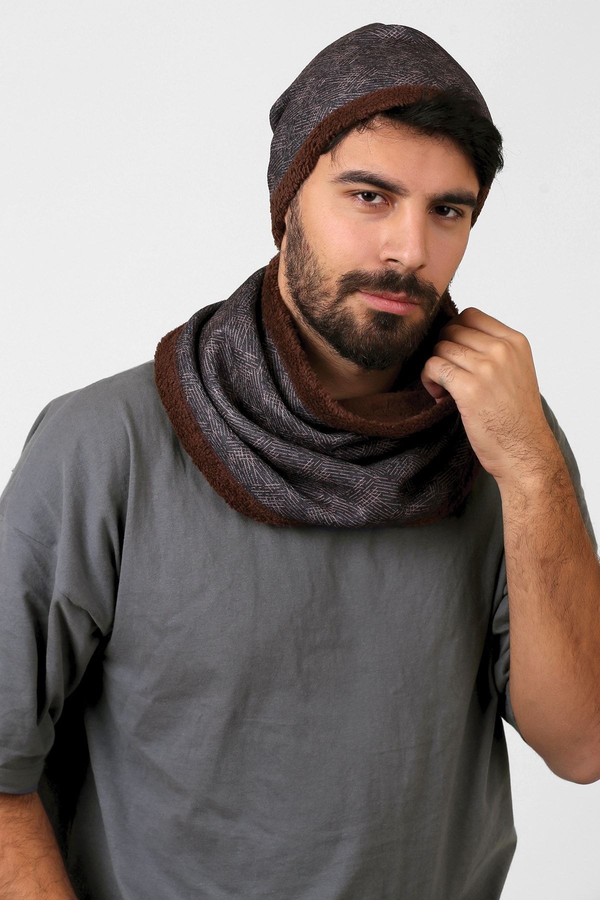 Kahve Erkek Bere Ve Boyunluk 2li Set Takım Scot Bb-107