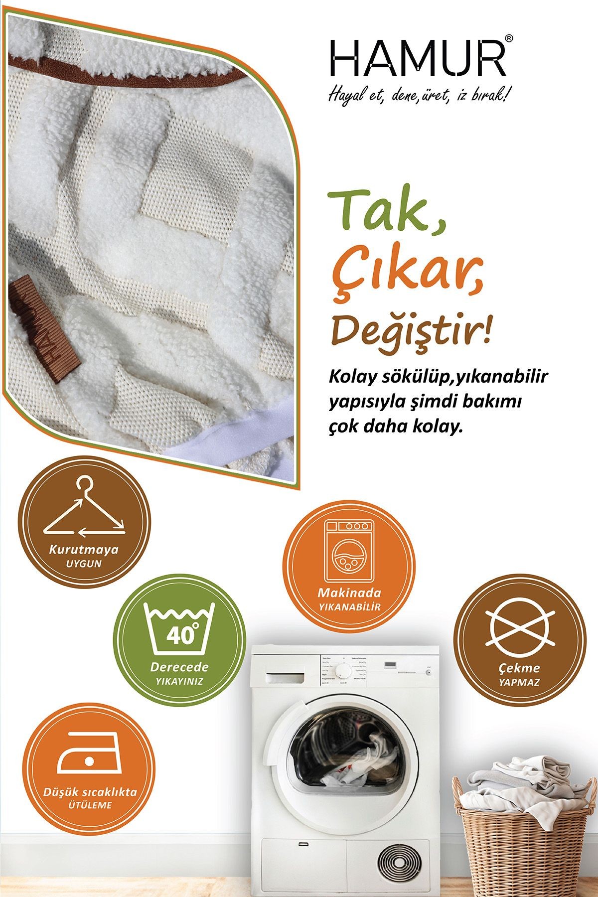 Yıkanabilir Puf Tabure Kılıfı Tak-Çıkar-Değiştir-Yenile Orta Sehpa Kılıfı By Mila Ekru