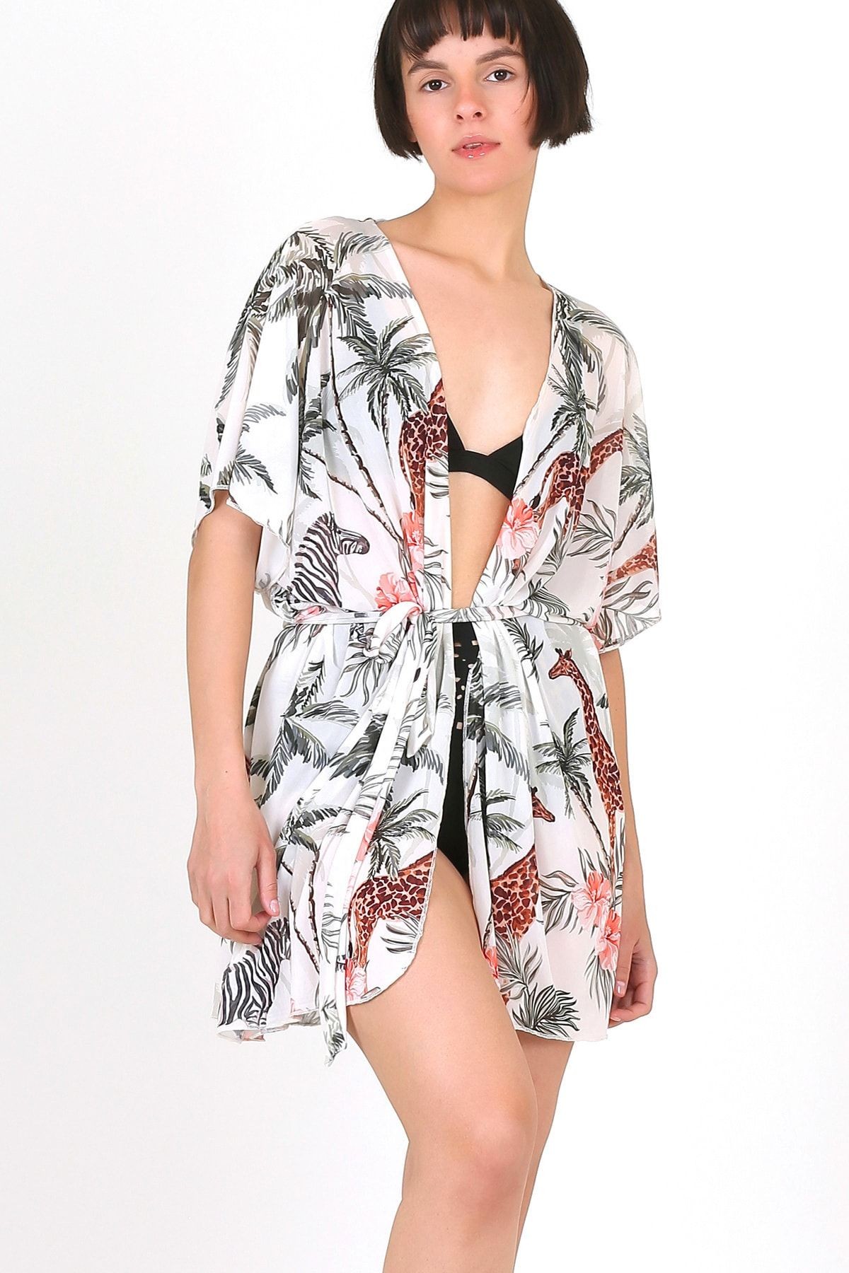 Pareo Plaj Elbisesi Kimono Std Tropikal Beyaz