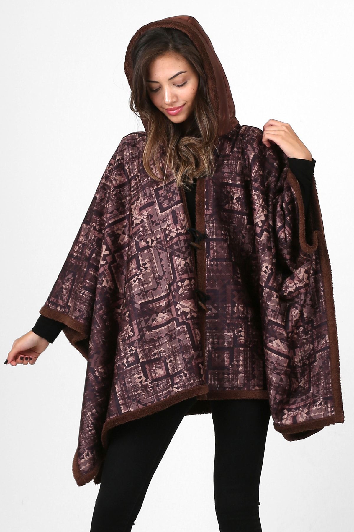 Kapşonlu Oversize Düğmeli Içi Kahverengi Peluş Kadife Mont Wein Kk-801