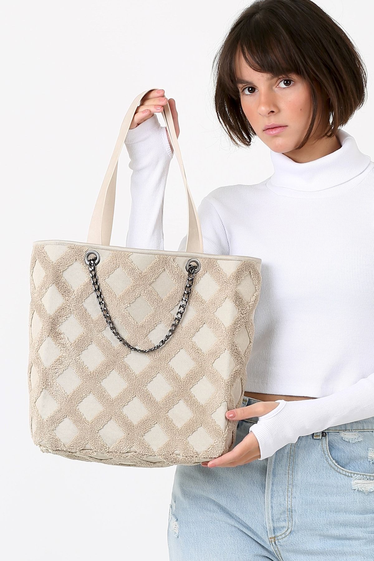 Kadın Kumaş El Ve Omuz Çantası Tweed Natural Kürklü Peluş Örme Kol Çantası