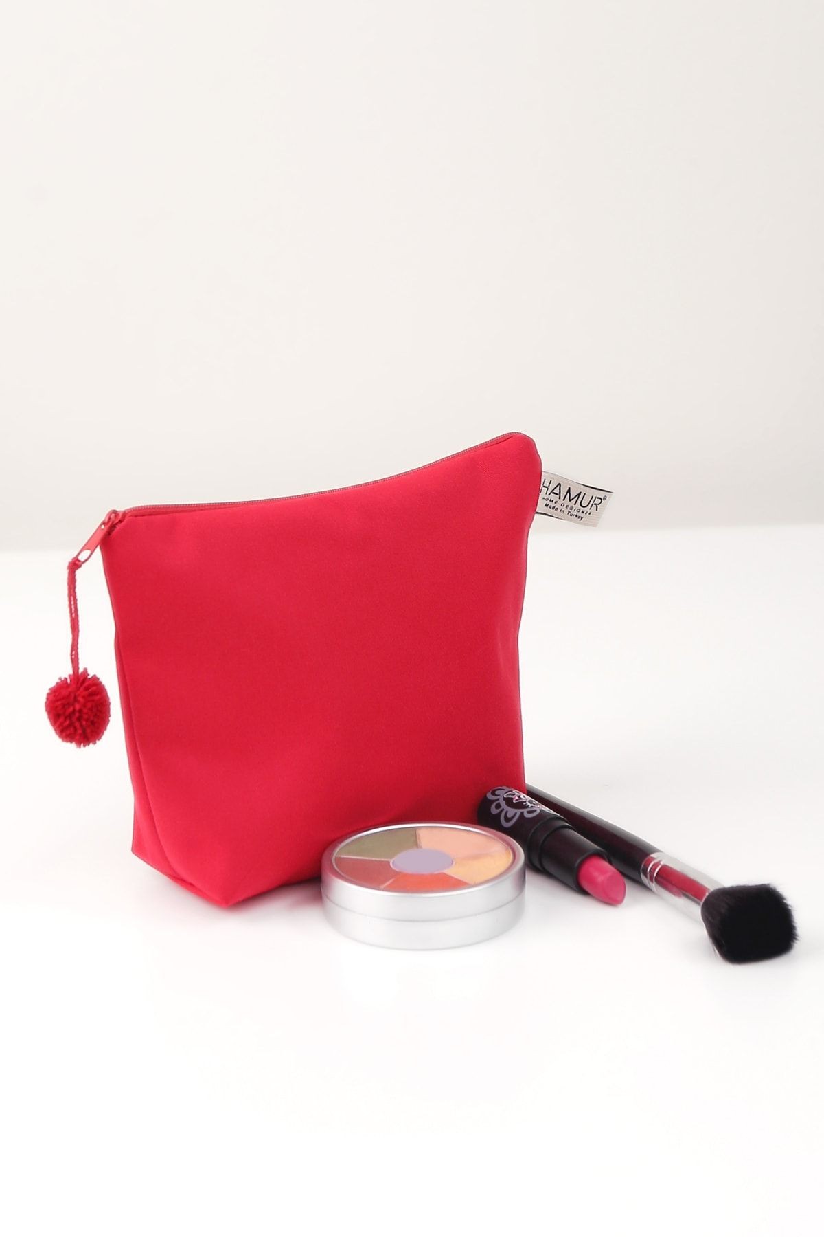 Makyaj Çantası Ponponlu Kırmızı Çok Amaçlı Clutch Çanta