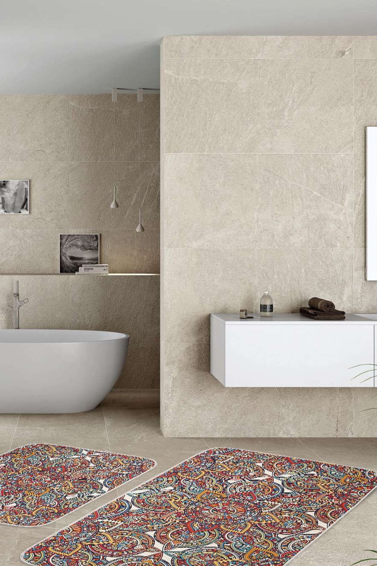 Mandala 2 'li Set Banyo Paspası Kaymaz Taban Banyo Halısı