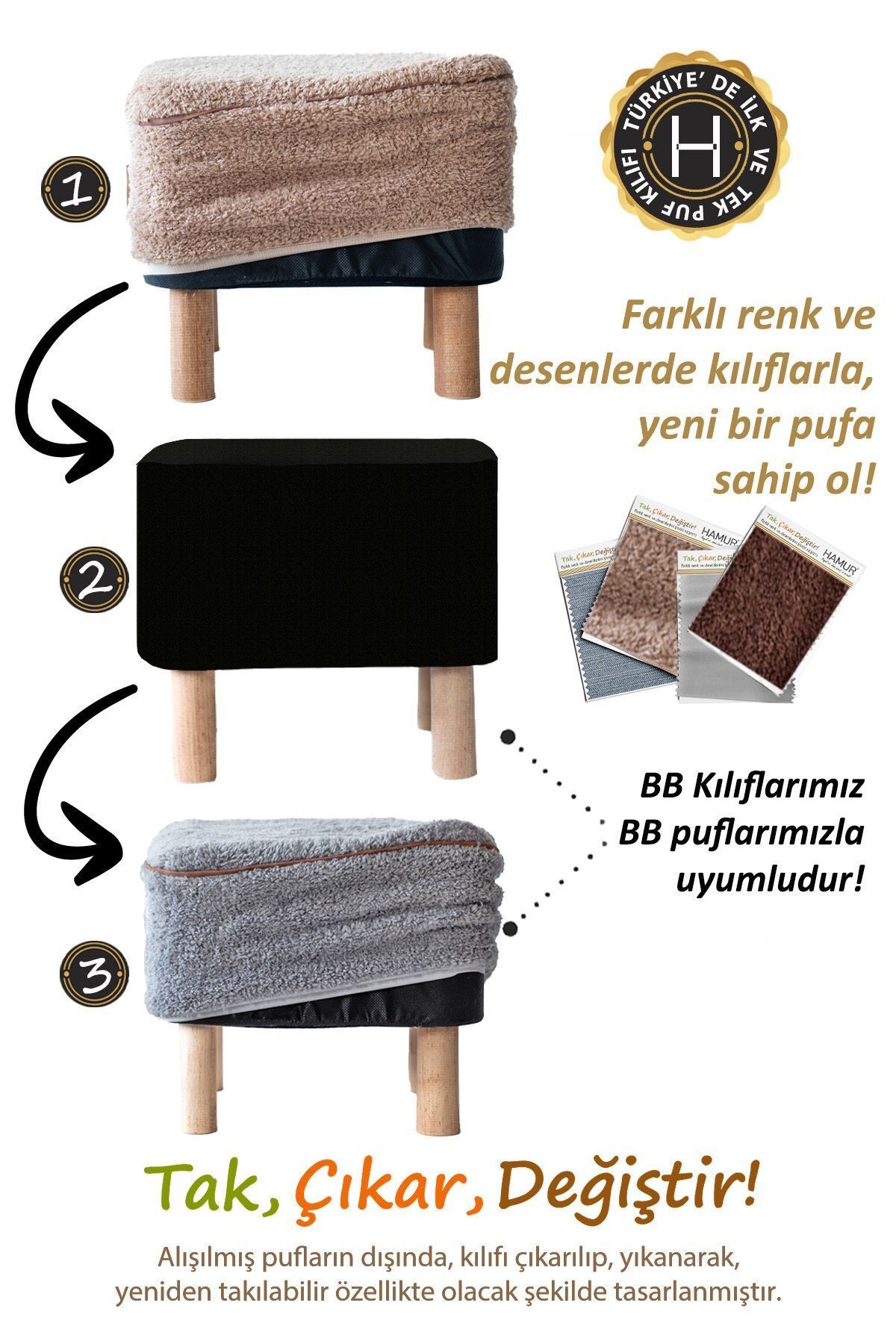 Yıkanabilir Puf Tabure Kılıfı Tak-Çıkar-Değiştir-Yenile Orta Sehpa Kılıfı Bb Teddy Kahve