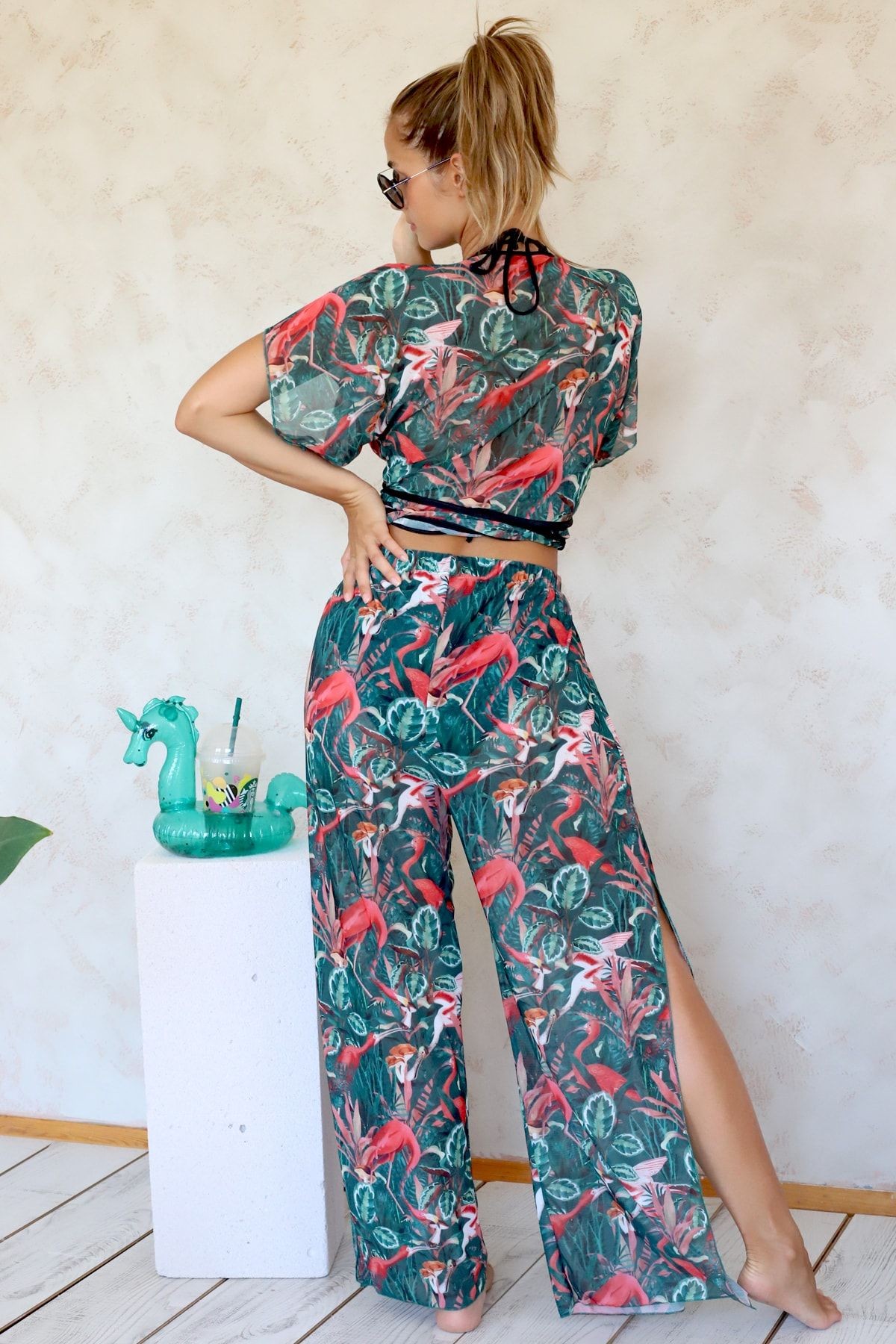 Plaj Pantalon Pareo Yazlık Kapalı Yırtmaçlı Lastikli Şifon Tül Kumaş Yüksek Bel Flower Yeşil