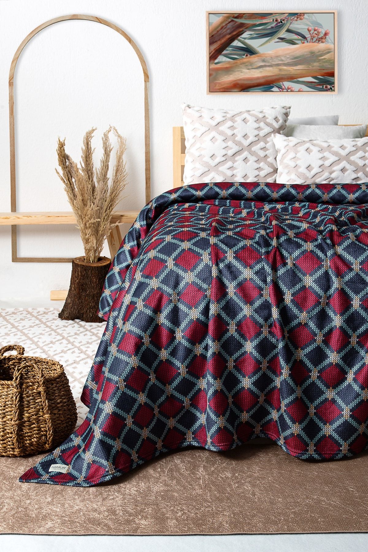 Lacivert Desenli Kadife Tek Kişilik Yatak Örtüsü